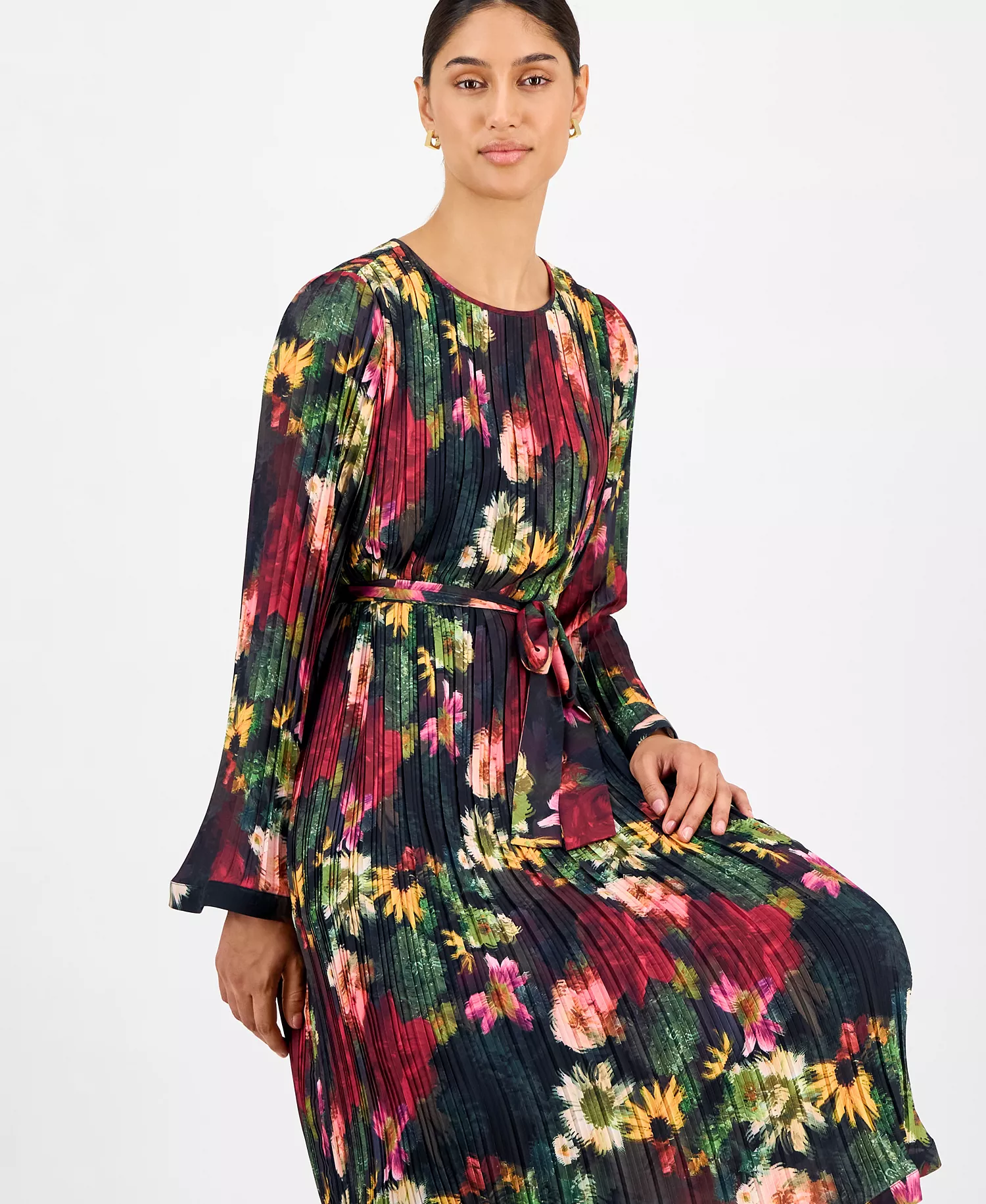 Women's Floral-Print Pleated Midi Dress - Midnight Garden - XS