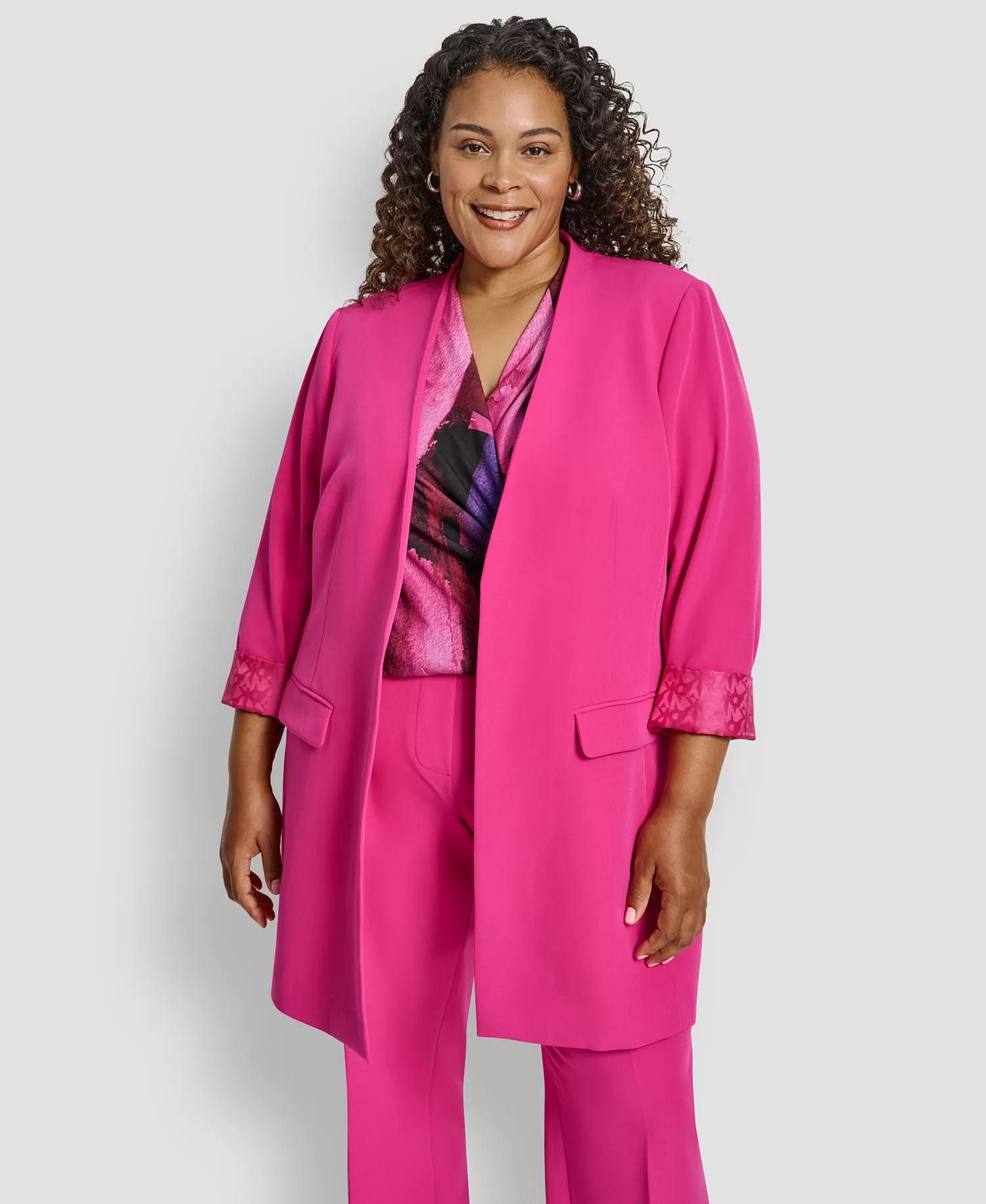 Plus Size Open Front Collarless Jacket - Fuchsia - 14W