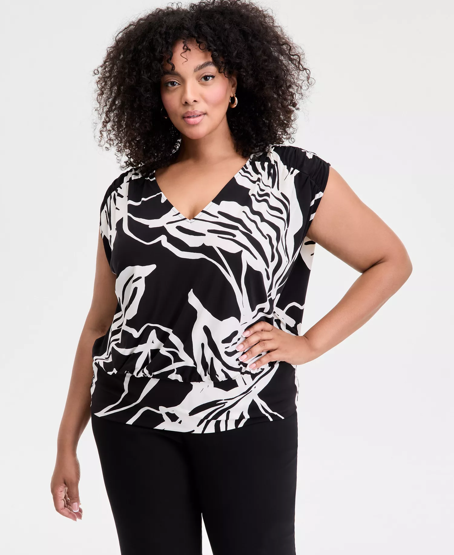 Plus Size Animal-Print V-Neck Top, Exclusively at Macy's - SORA LEAF BLK - 2X