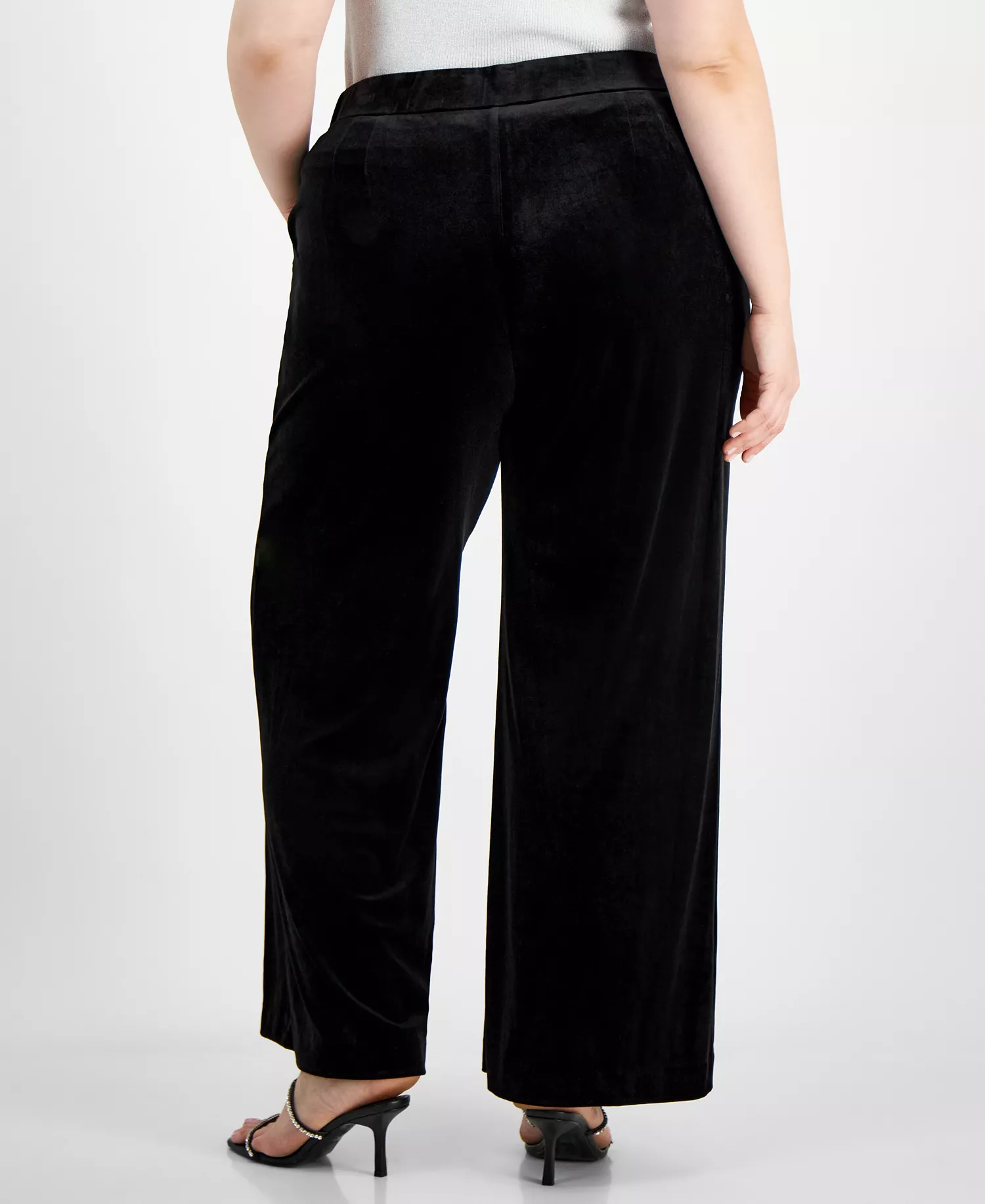 Plus Size Velvet Mid-Rise Wide-Leg Pants - Black - 14W