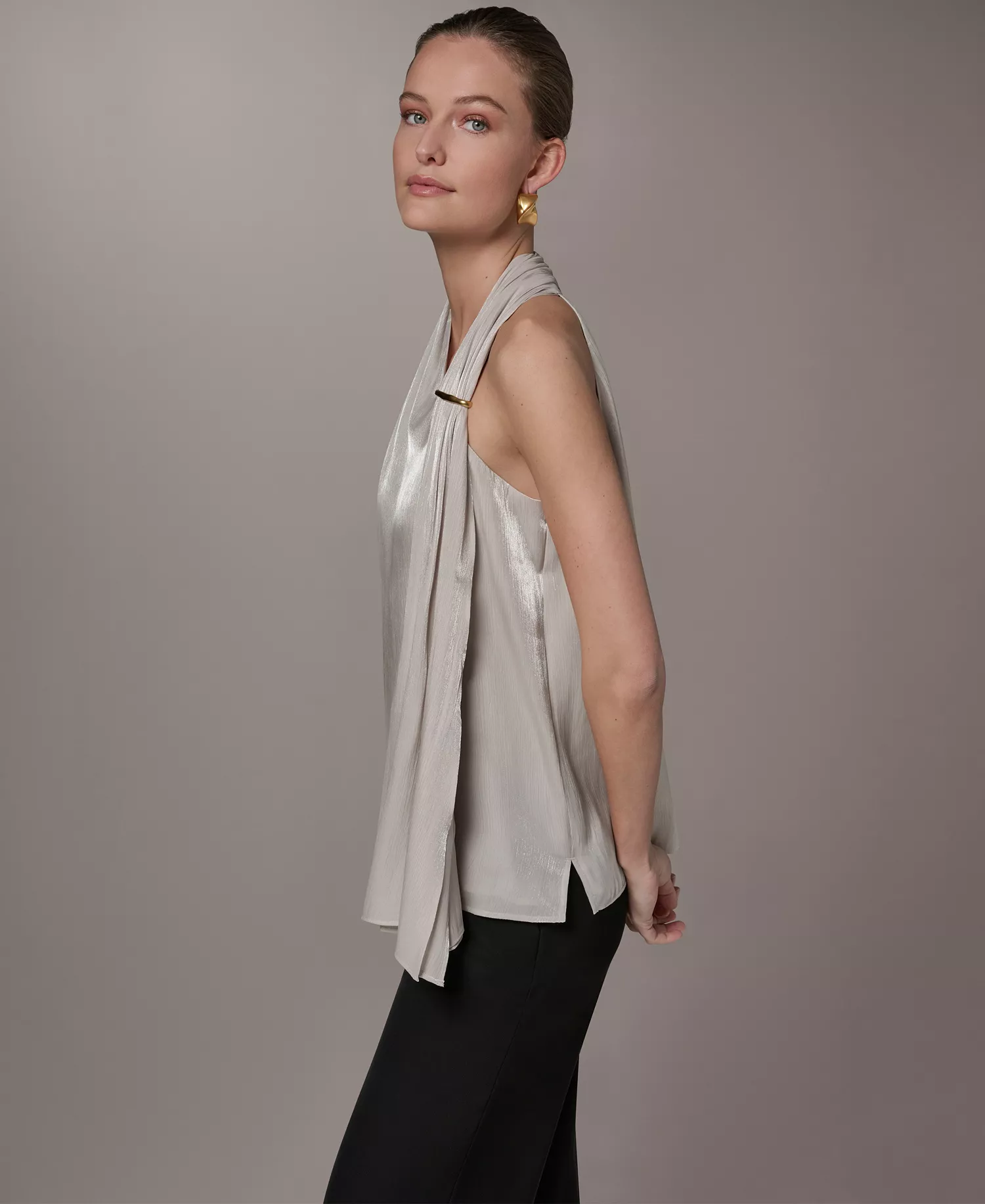 Women's Asymmetrical Halter Neck Top - Tuscan Gray - L