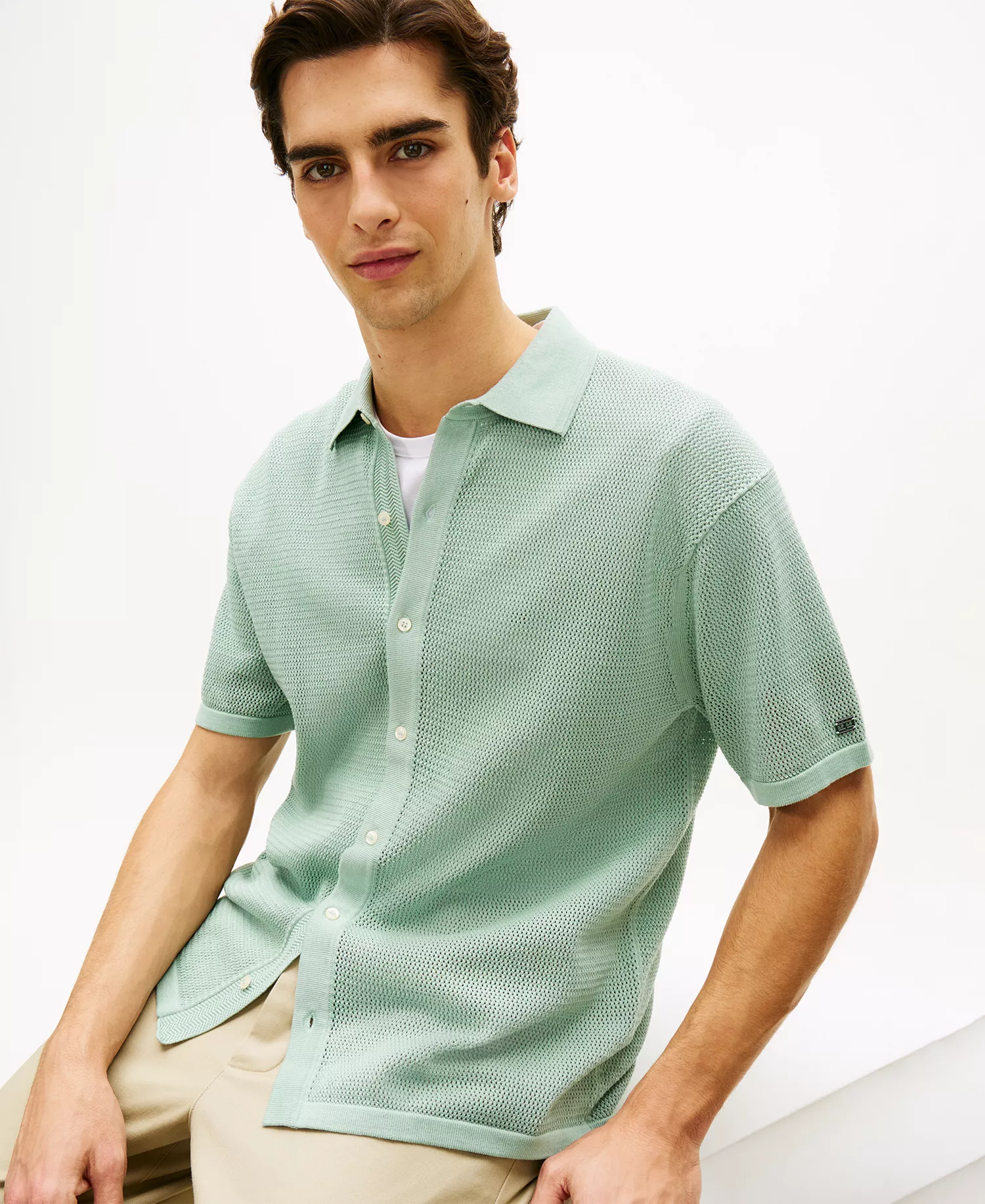 Men's Short-Sleeve Button-Front Cardigan Knit Shirt - Crushed Mint - L