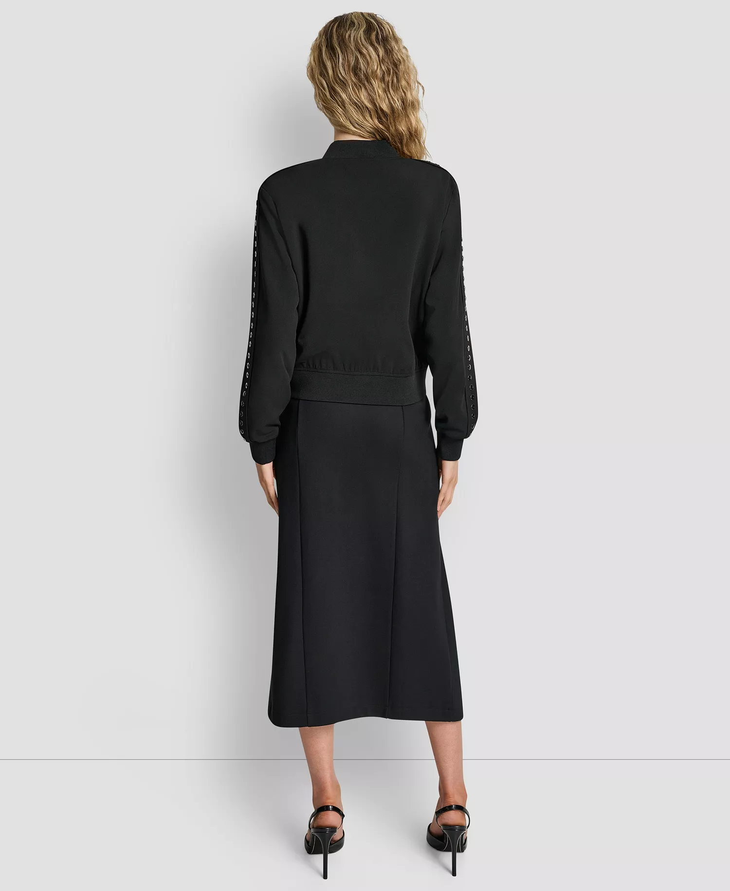 Women's Round Neck Double Weave Grommet Bomber Jacket - Black - M