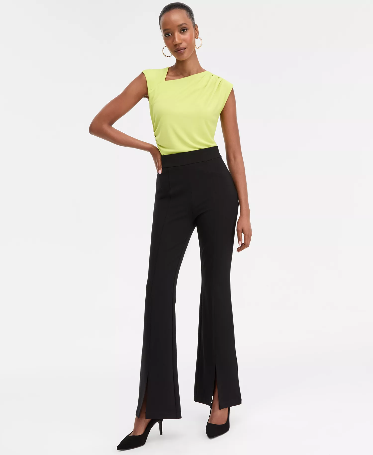 Women's Ponté-Knit Slit-Hem Flare Pants, Macy's Exclusive - Deep Black - L