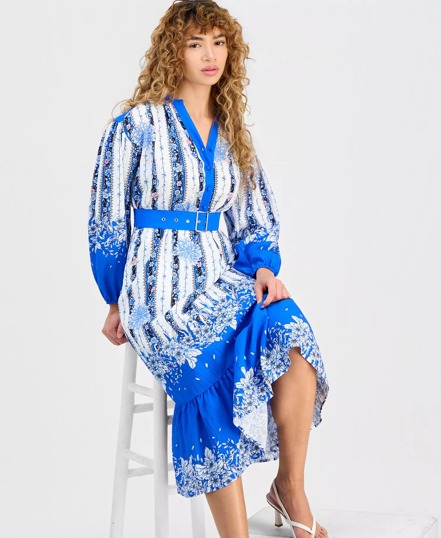 Women's Floral Belted Half-Placket Dress - Sky Forest - 10