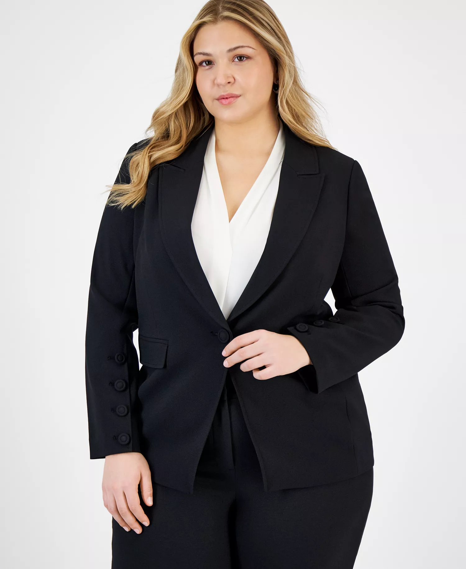 Plus Size Single-Button Blazer & Wide-Leg Pants Suit Separates - Black - 14W