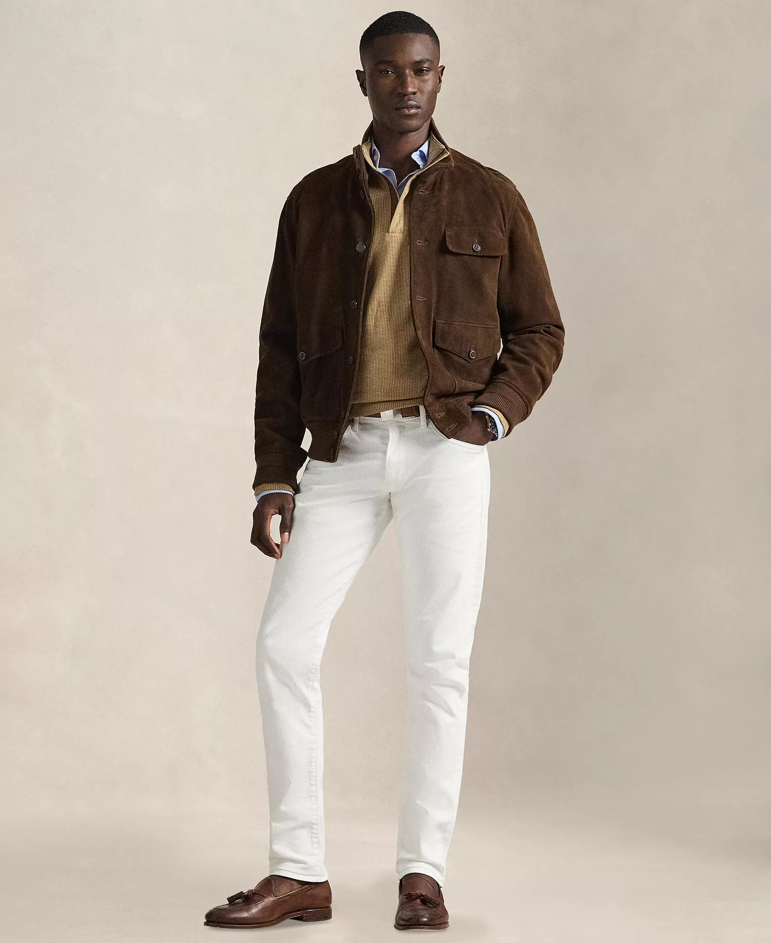 Men's Luxury Jersey Quarter-Zip Pull-On Sweater - Camel/Puppytooth - 2XL