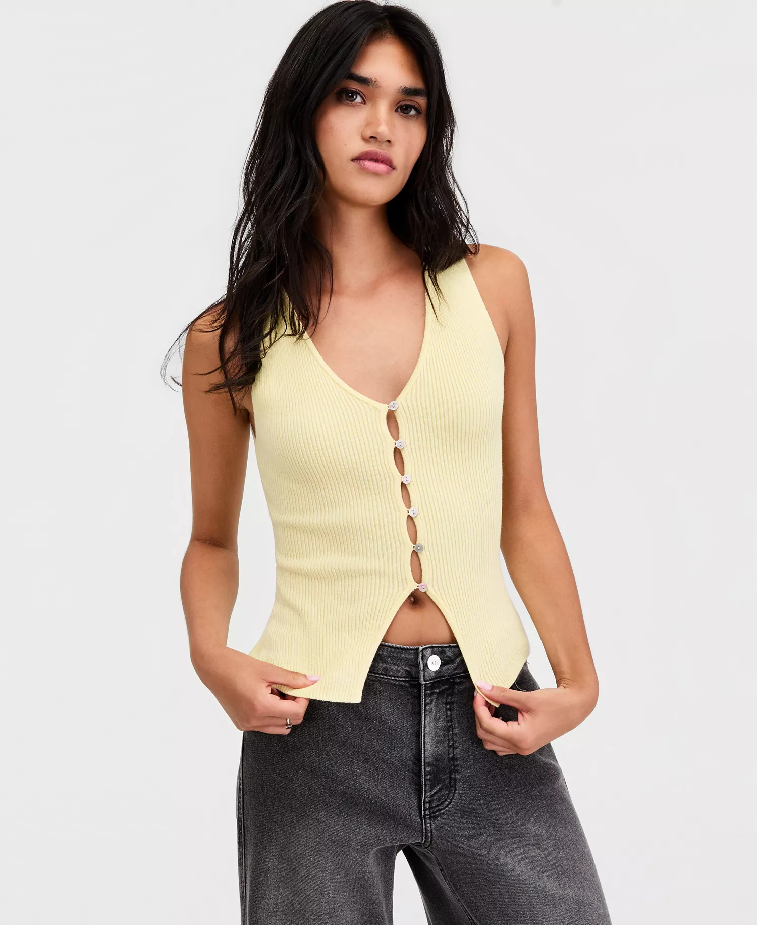 Women's Ribbed Button-Front Top, Macy's Exclusive - Butter Yellow - L
