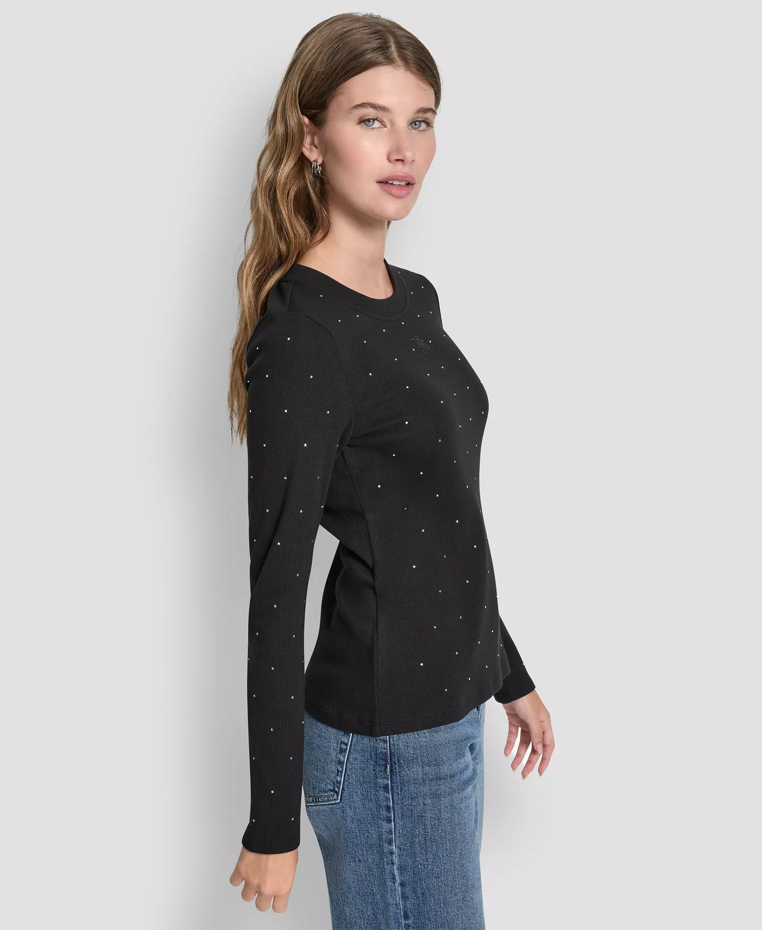 Women's Rhinestone-Embellished Crew Neck Sweater - Black - XS