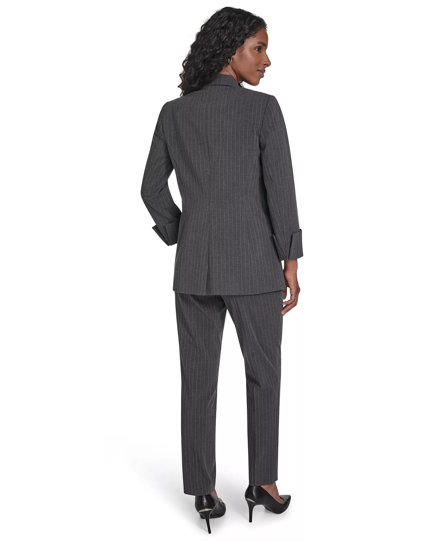 Petite Pinstripe Pattern Rollback Cuff Open Front Jacket - Heather Charcoal Multi - 2P