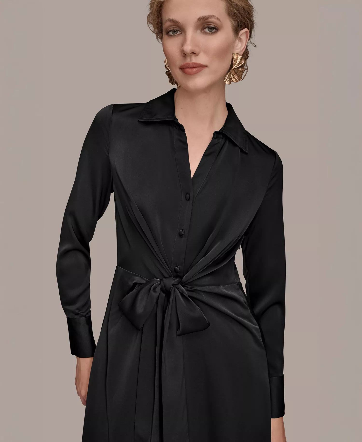 Women's Tie Front Shirt Dress - Black - 10