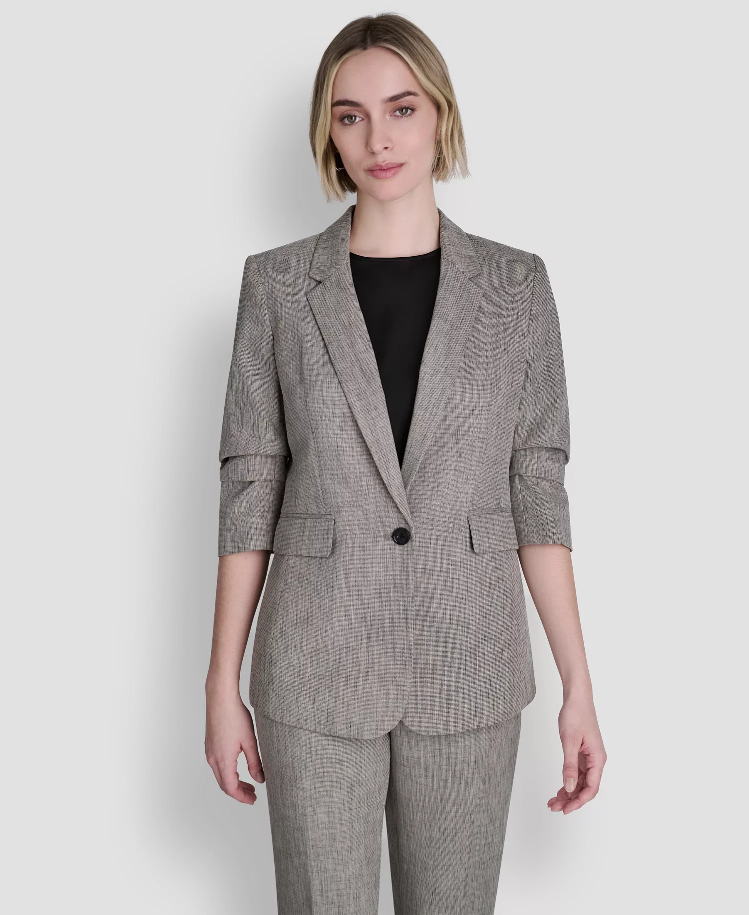Petite Notch Collar One Button Jacket and Crosshatch Modern Fit Pants - Black/Coconut - 0P