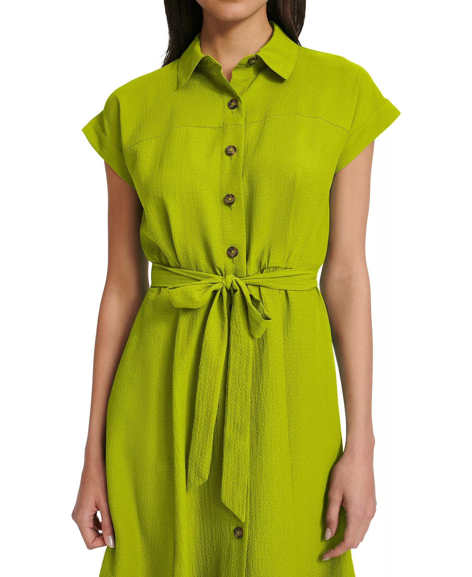 Women's Belted Cap-Sleeve Shirt Dress - Celery - 10