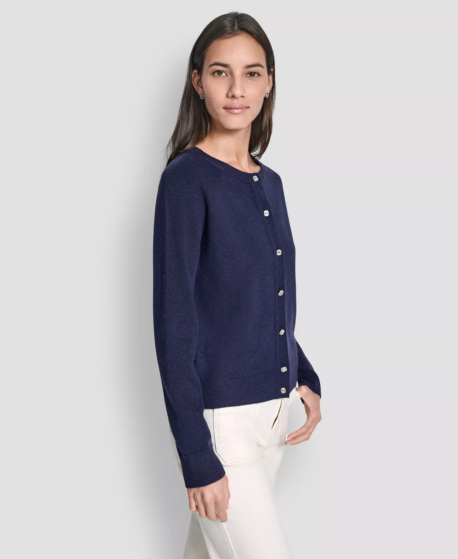 Petite Long-Sleeve Crew Neck Cardigan - Peacoat - PL