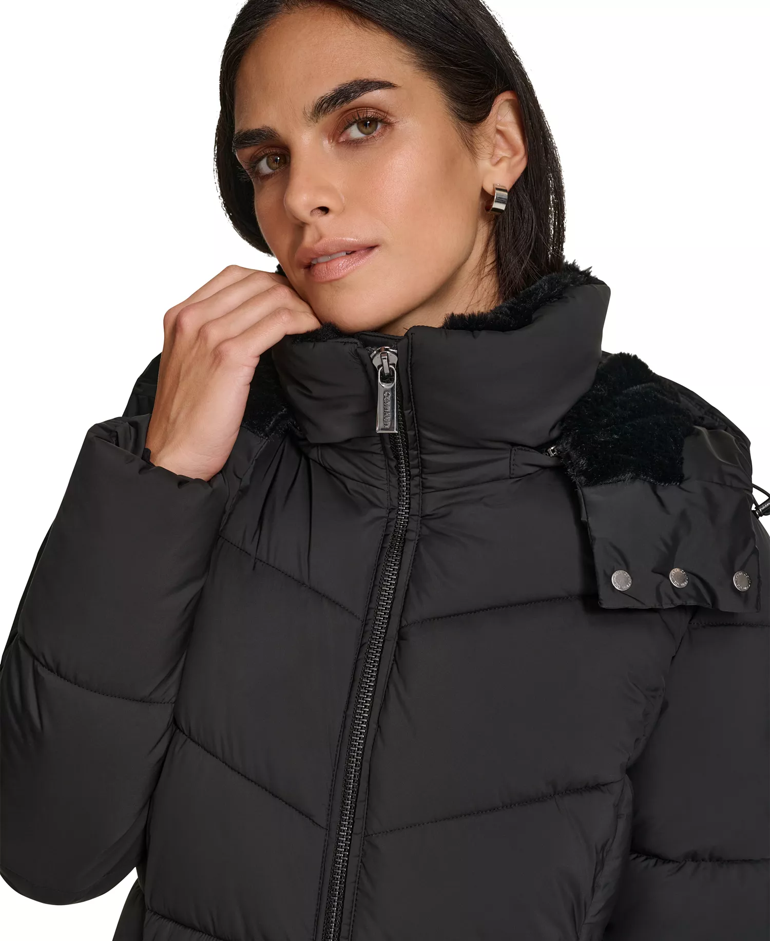 Women's Hooded Faux-Fur-Lined Midi Puffer Coat - Black - L