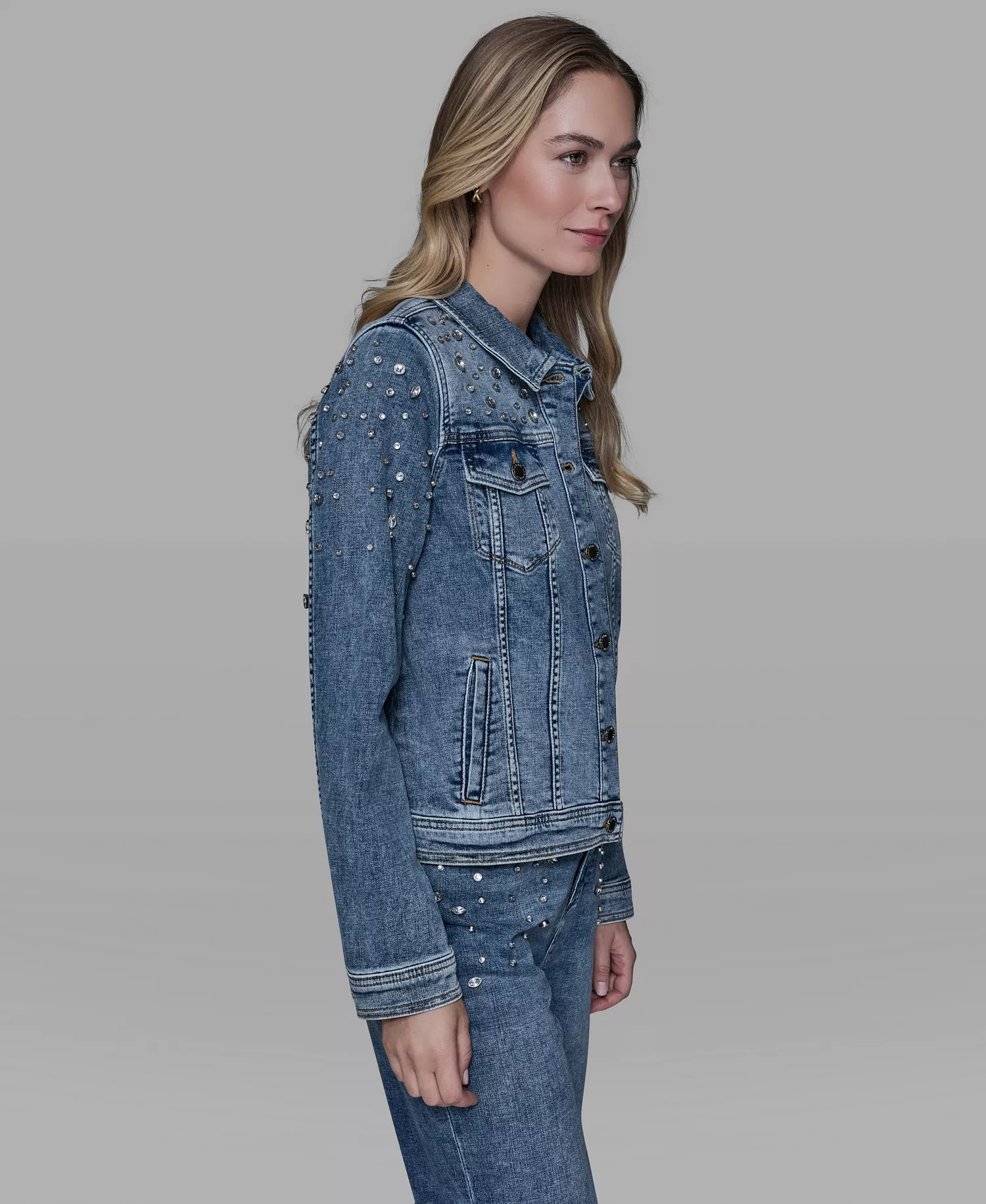 Women's Button Front Embellished Denim Jacket - Blue Star - L