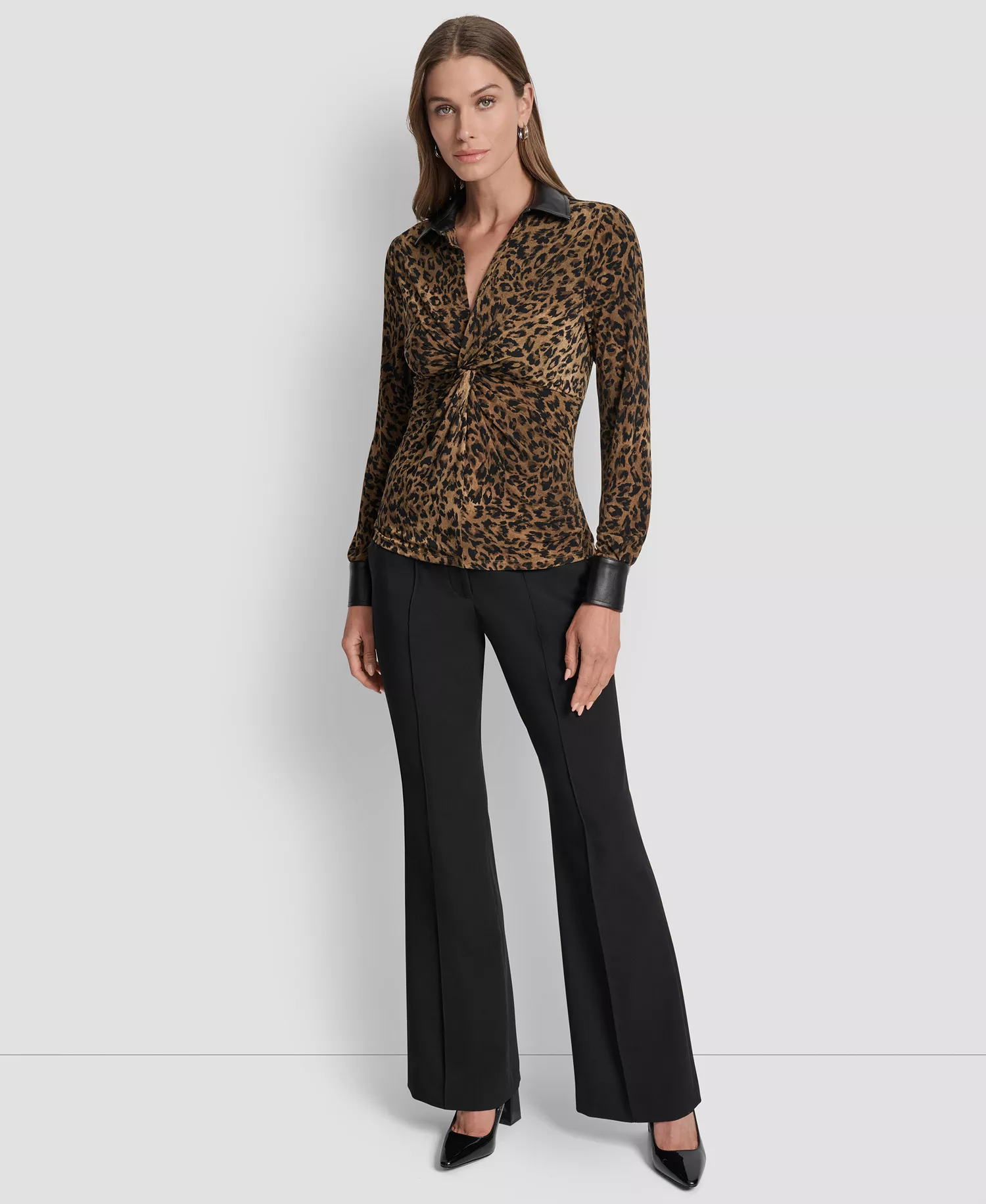 Women's Knot-Front Long-Sleeve Blouse - Truffle Multi - XS