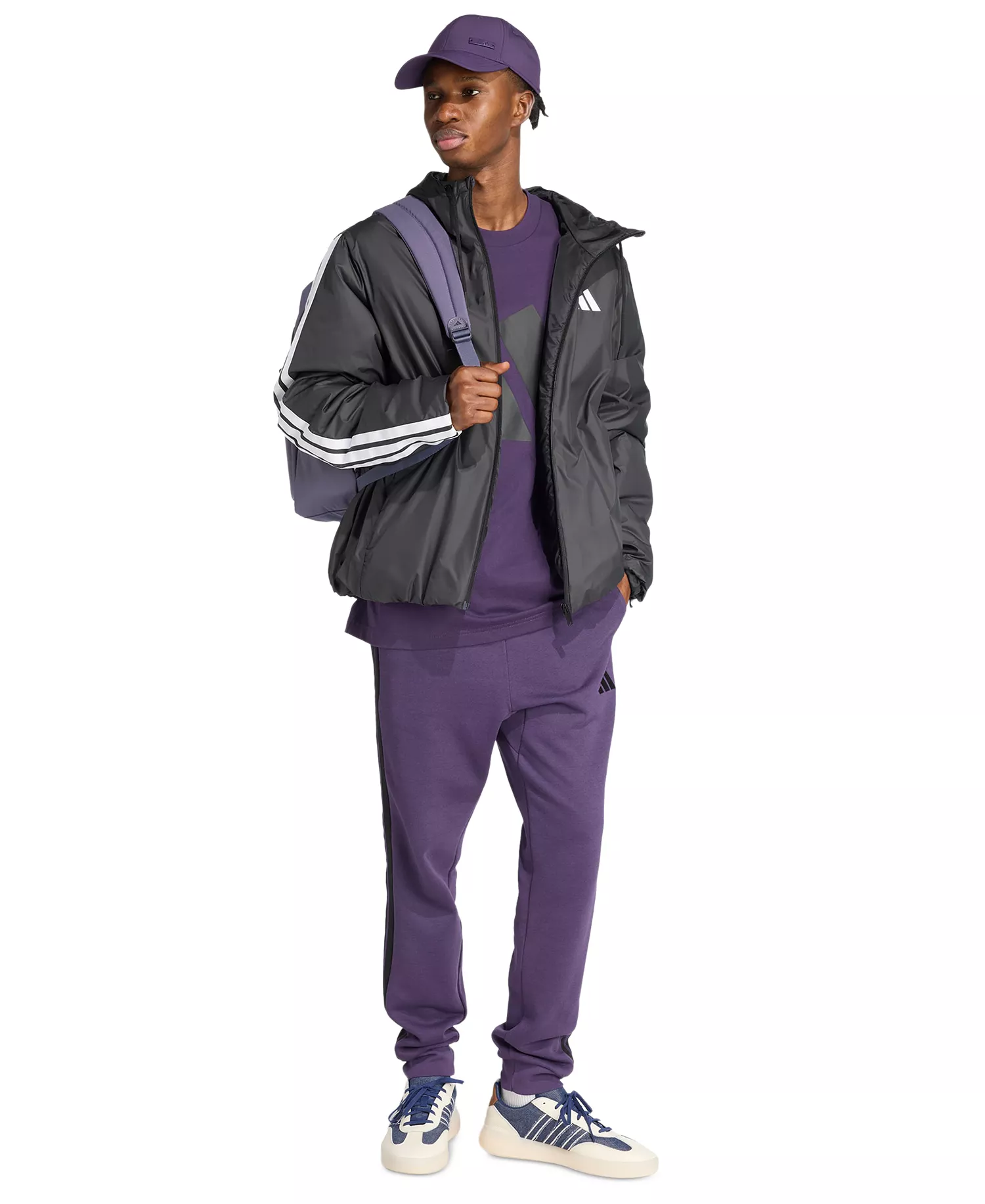 Men's Essentials Regular-Fit 3-Stripes Fleece Joggers - Aurora Plum/Black - 2XL