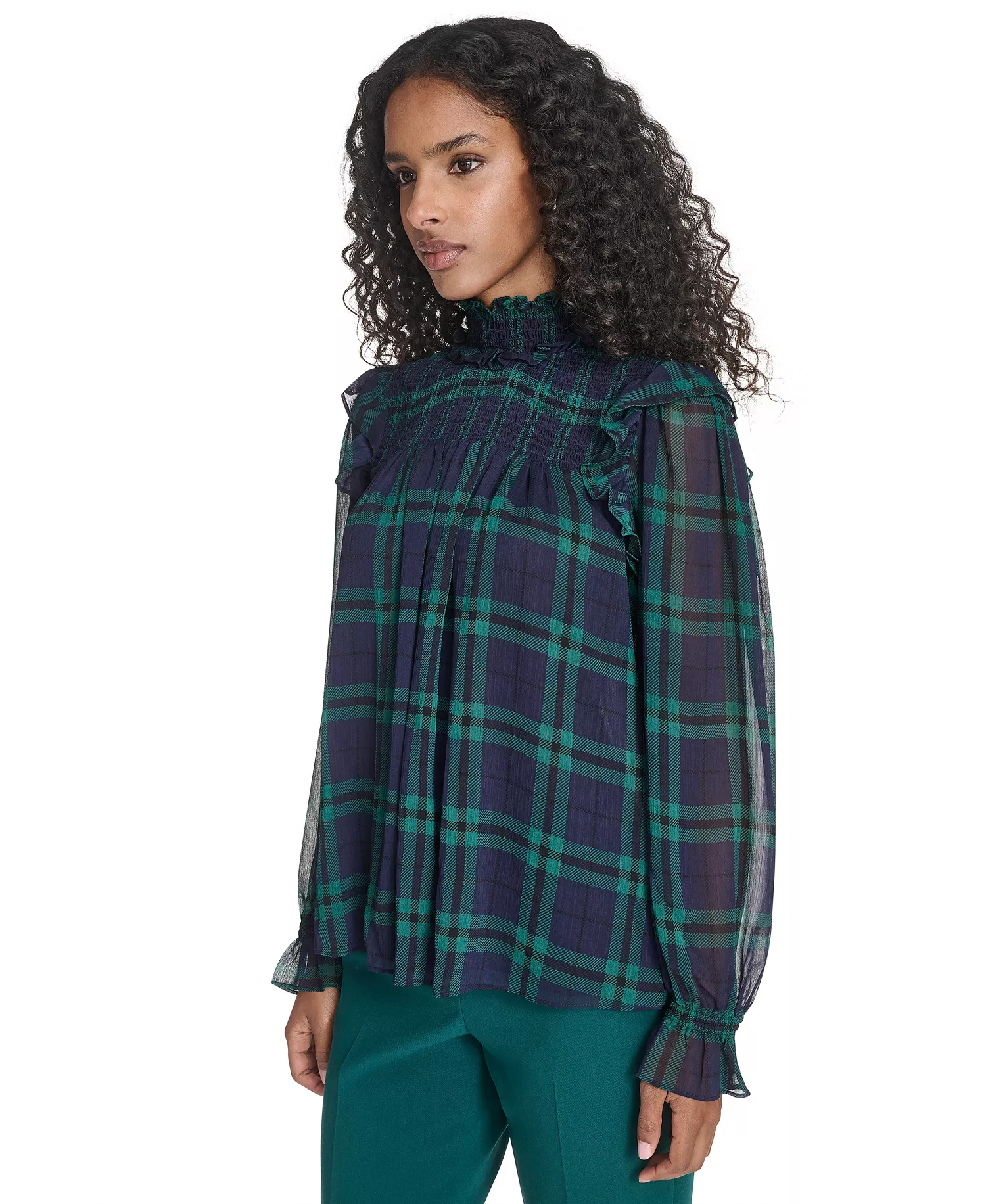 Women's Plaid Peasant Mock Neck Top - Midnight/ Evergreen - L