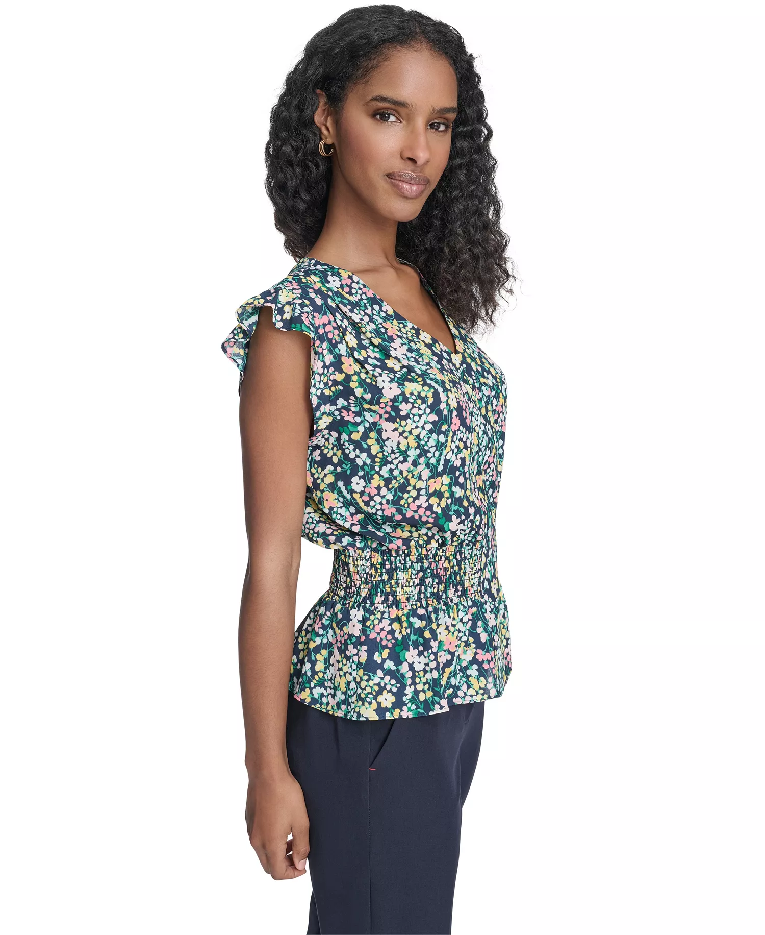 Women's Floral Smocked Peplum Top - Mdingiht Multi - L
