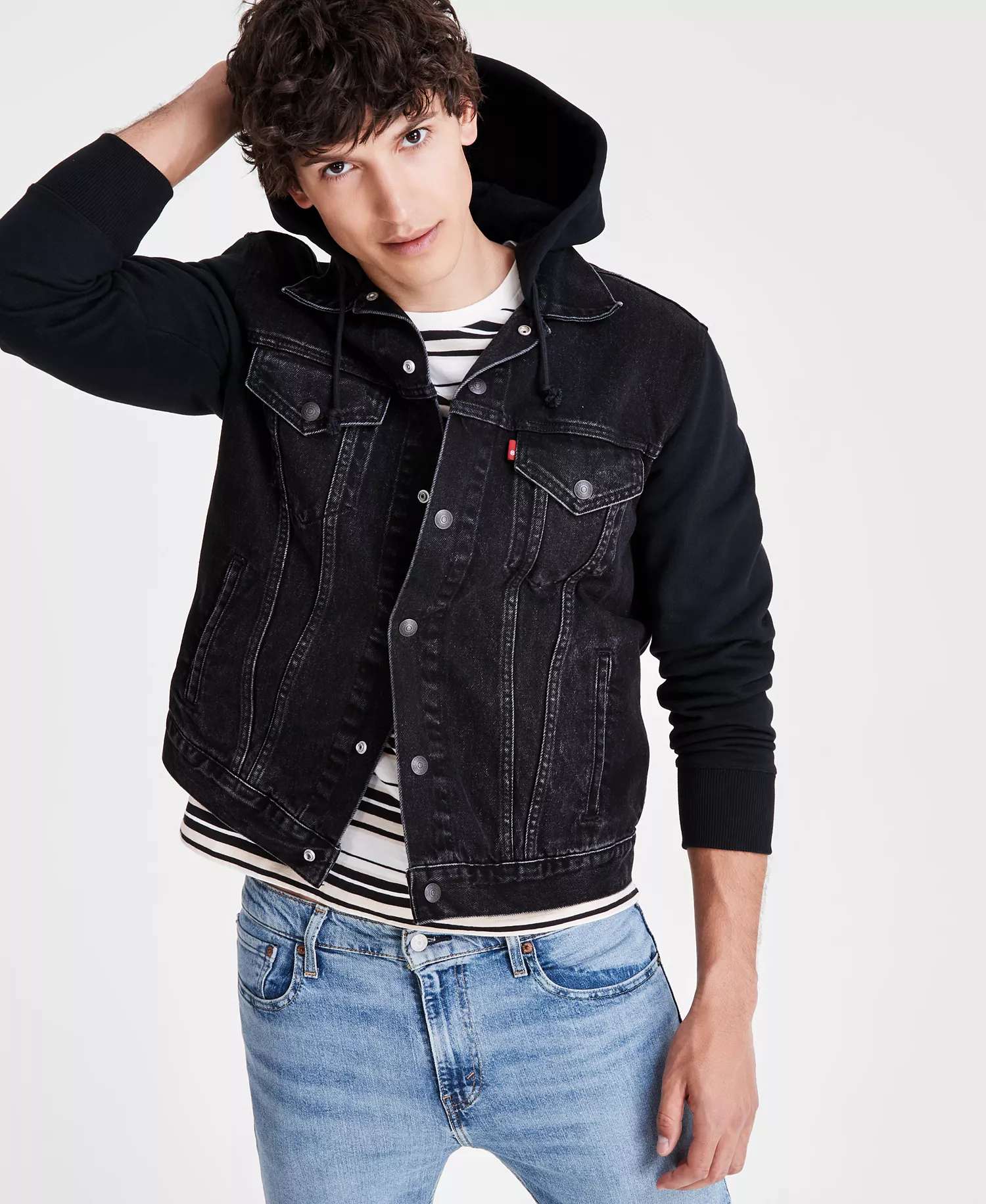 Men's Hybrid Hoodie Non-Stretch Denim Trucker Jacket - Built To Last - L