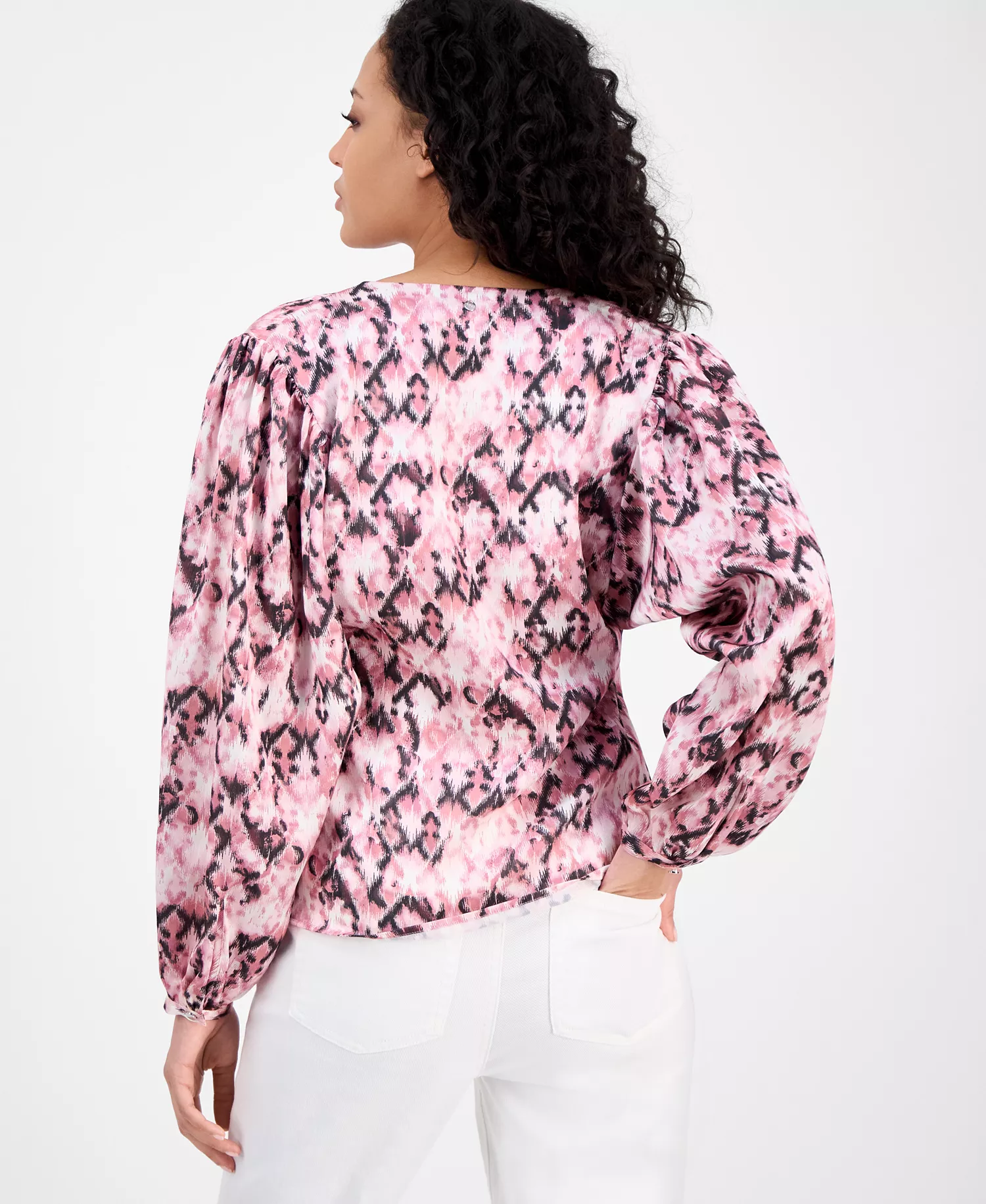 Women's Printed Long-Sleeve V-Neck Blouse - Pink Aztec - M