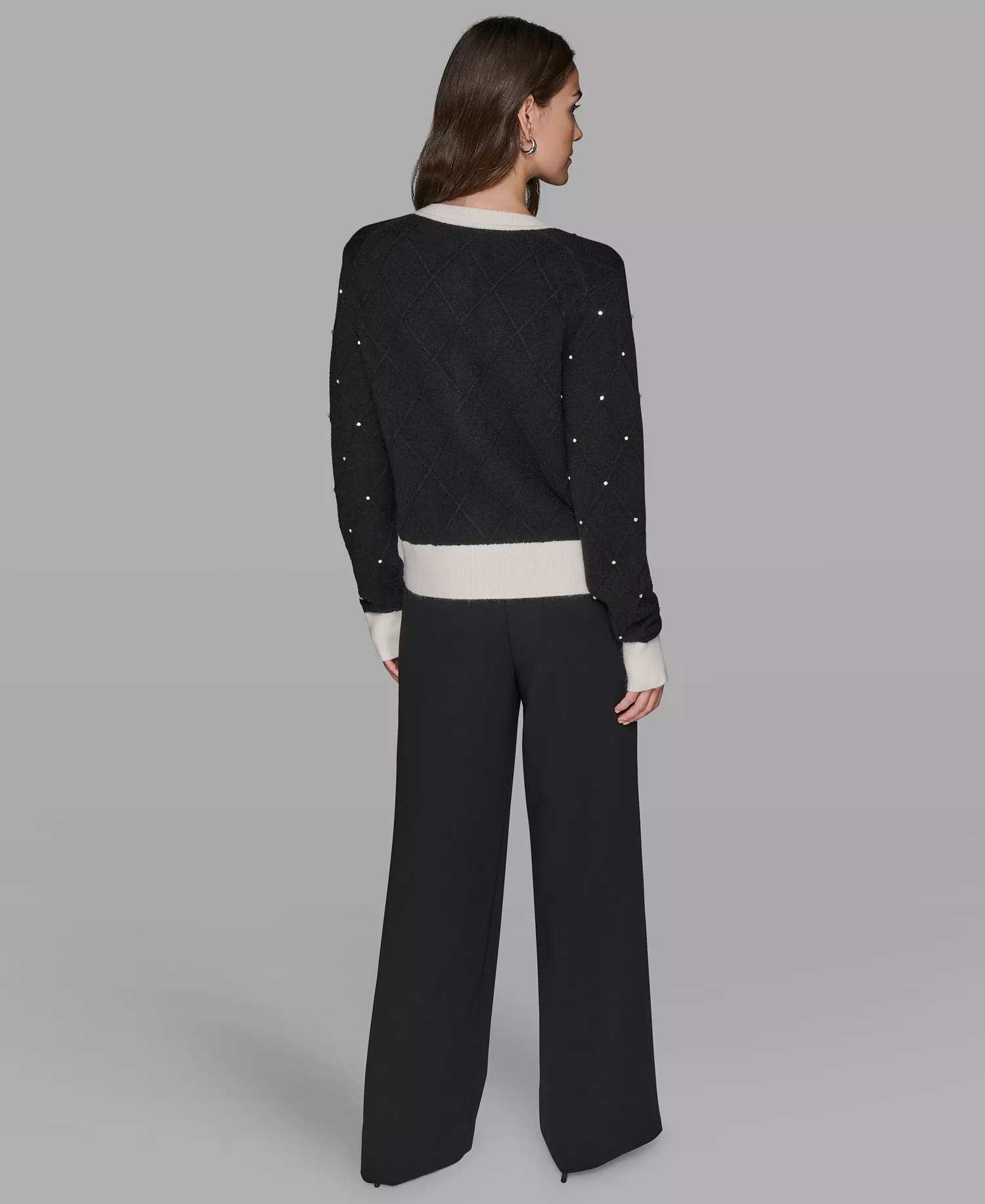 Women's Crew Neck Front-Button Cardigan Sweater - Black/Soft White - L