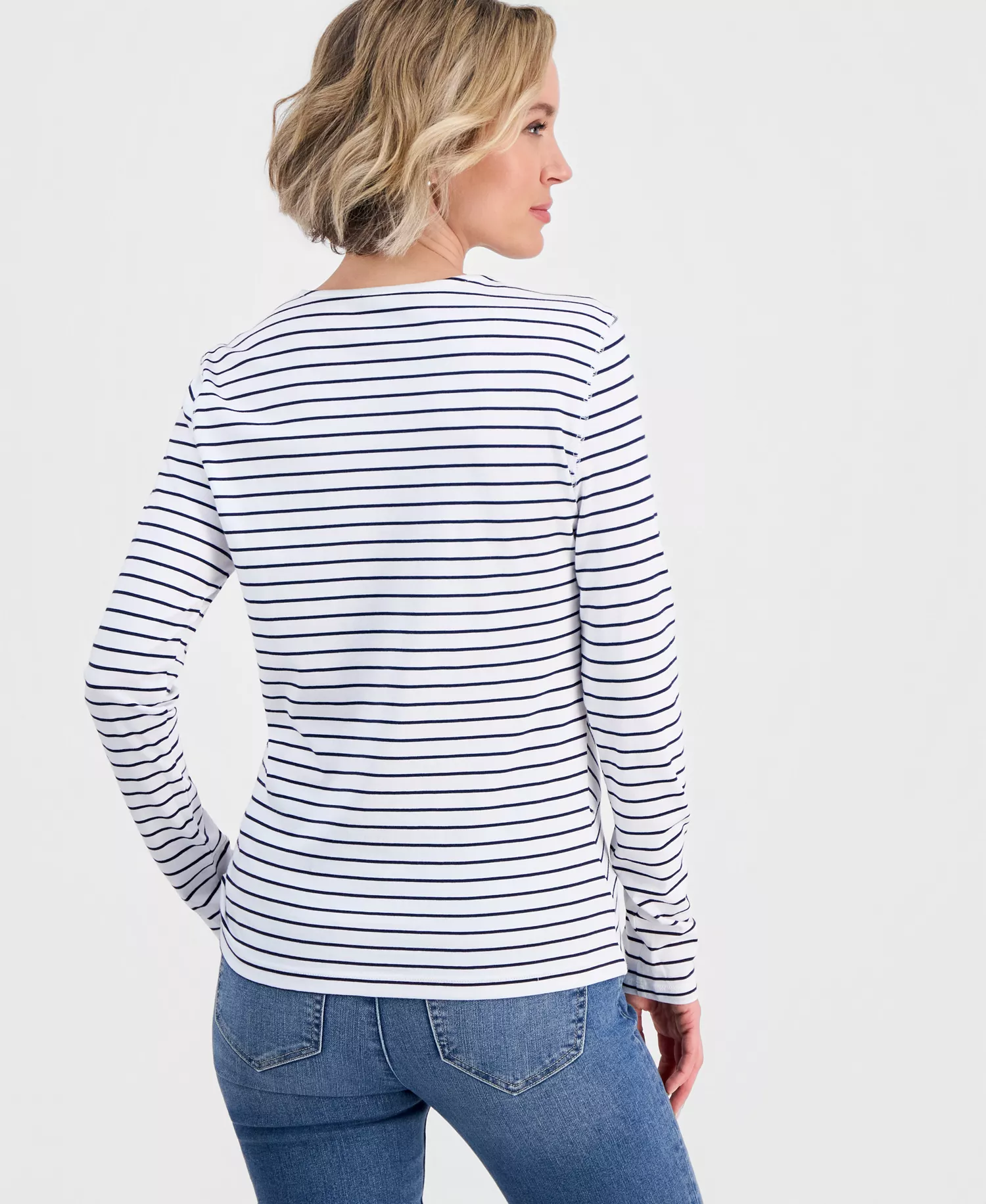 Women's Mixed-Stripe Long-Sleeve T-Shirt - Brght Wh/night Sky - L