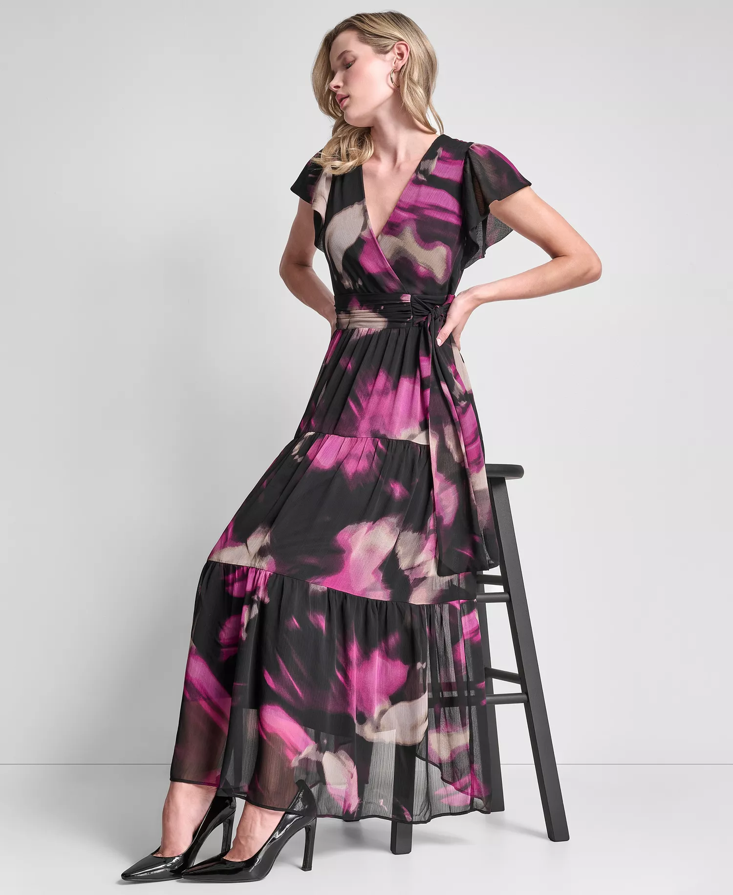 Women's Ruffle Cap Sleeve Surplice Neck Maxi Dress - Black Multi - 10