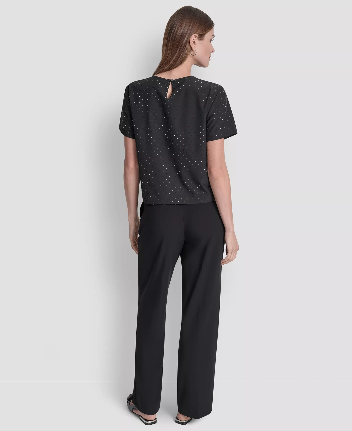 Women's Crewneck Short Sleeves Top - Black/crystal Stones - XL