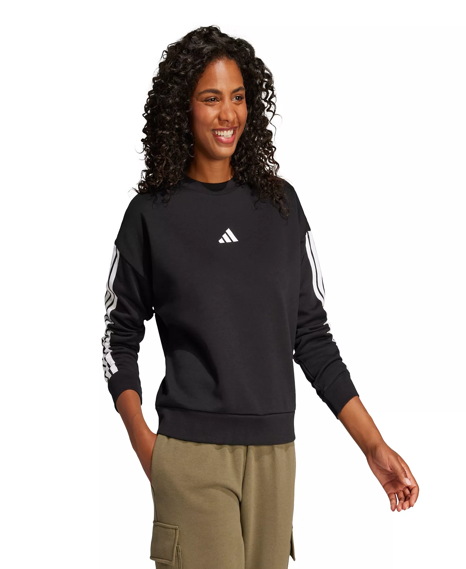 Women's Essentials 3-Stripes Fleece Crew Neck Sweatshirt - Black/White - L