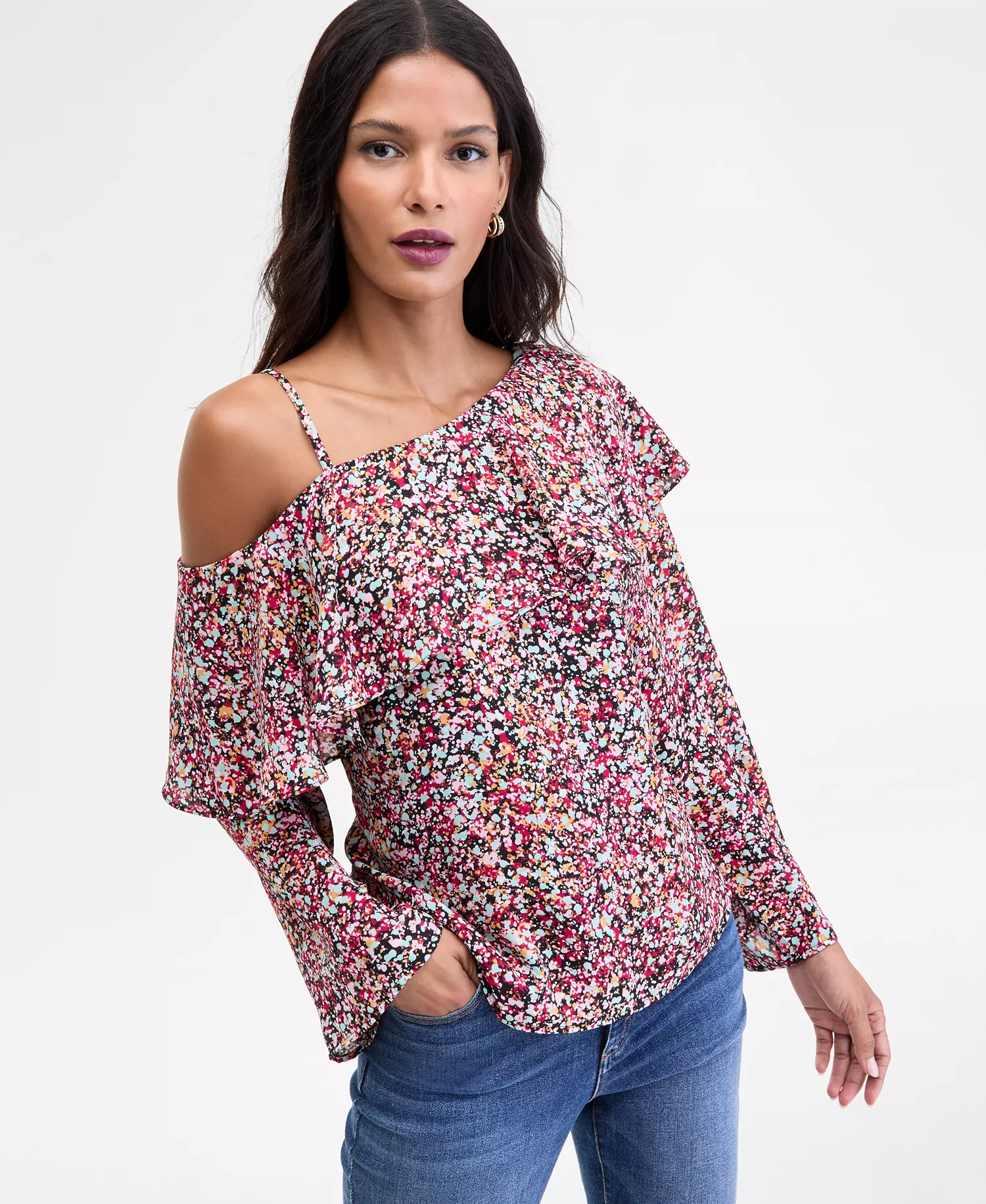 Women's Ruffled Asymmetrical-Neck Blouse, Macy's Exclusive - Jade Spots - 2XL