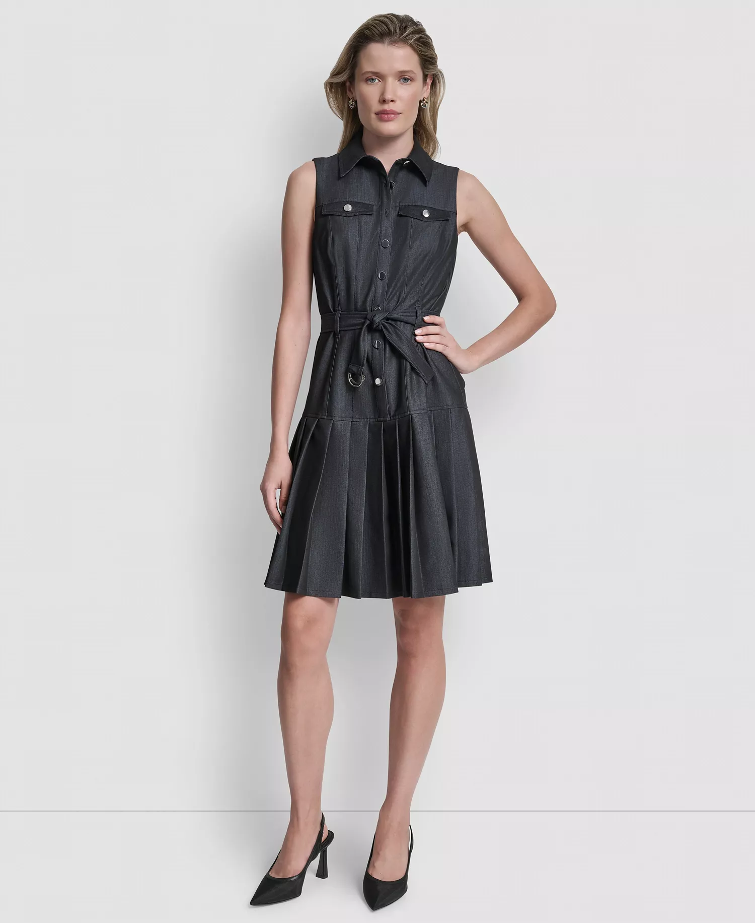 Women's Sleeveless Collared Pleated Dress - Denim - 10