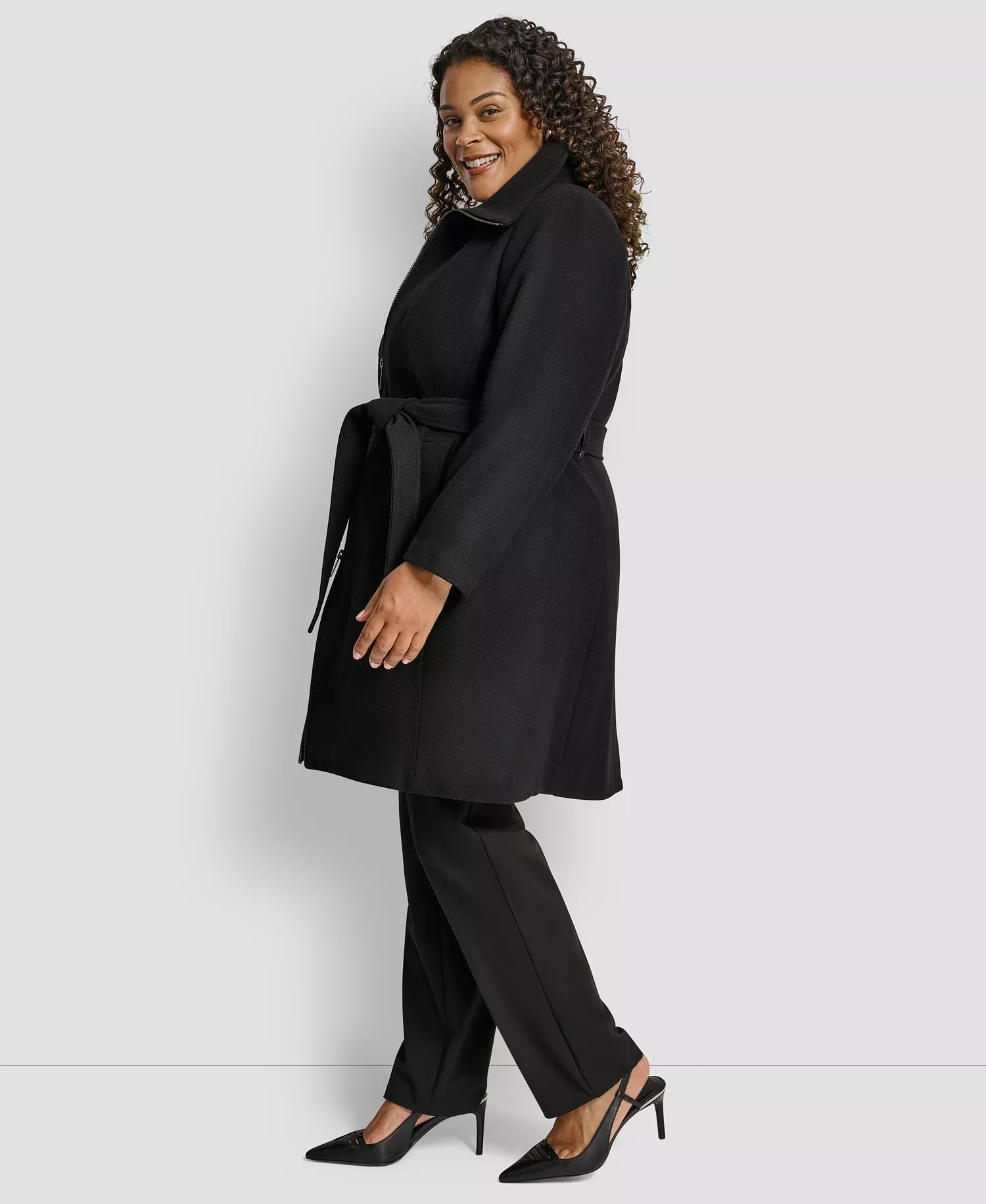 Plus Size Belted Zip-Up Wool Coat - Black - 0X