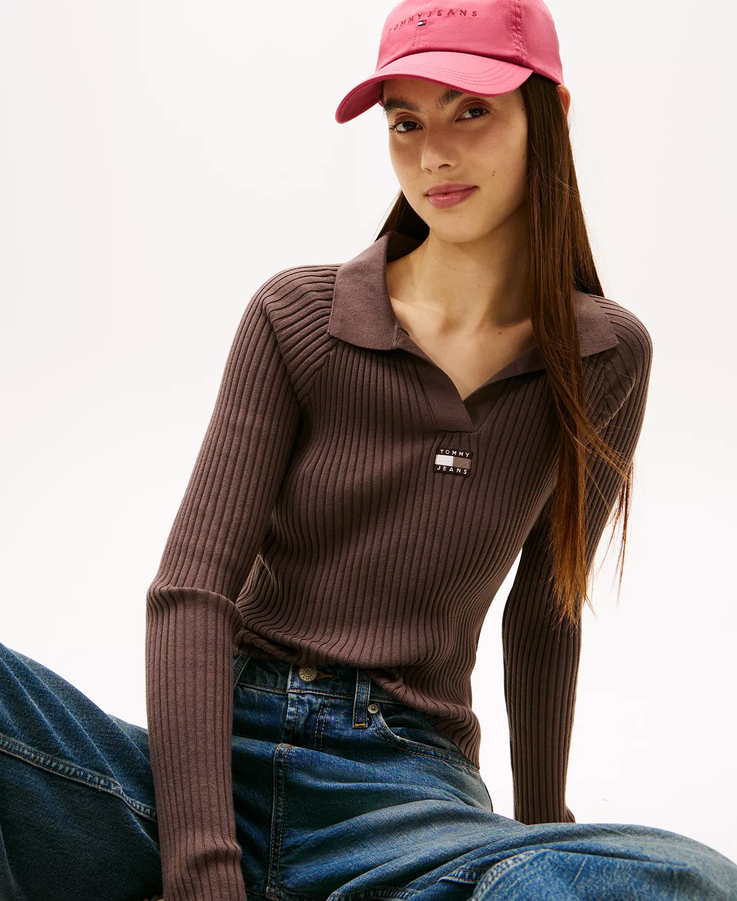 Women's Long-Sleeve Ribbed Collar Polo Top - Black Walnut - L