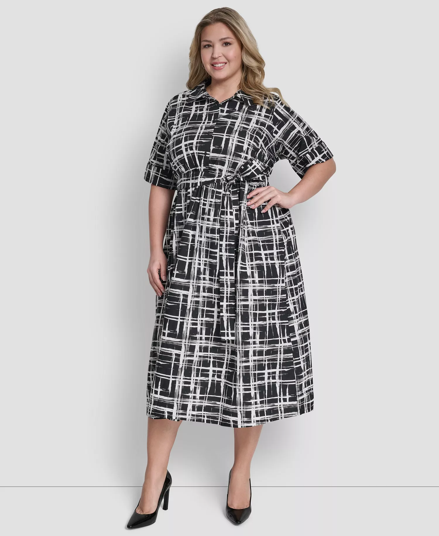 Plus Size Collared Button Down Dress - Black/Ivory - 14W