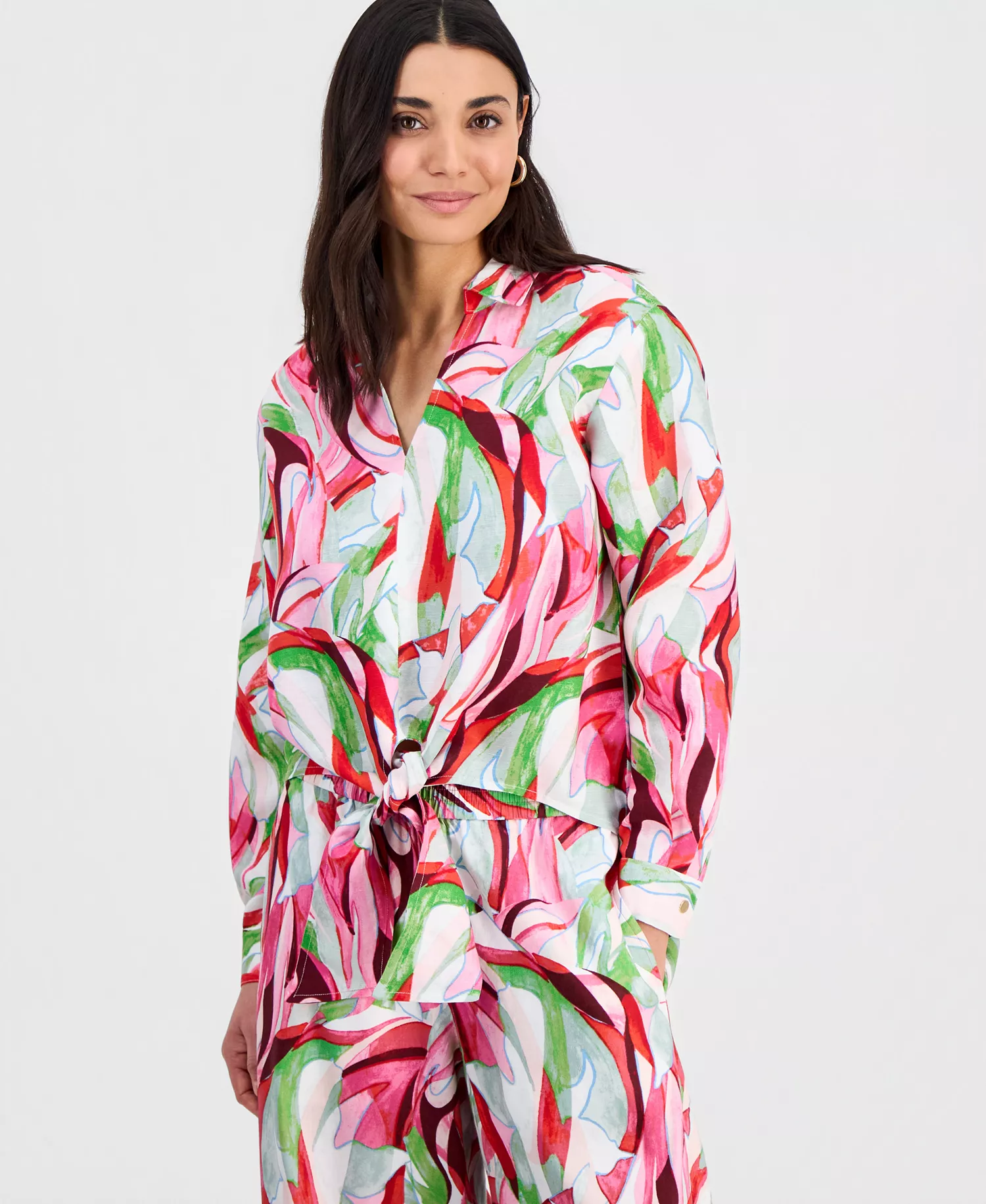 Petite Printed Long-Sleeve Tie-Front Blouse, Created for Macy's - Casey Abstract - P/L