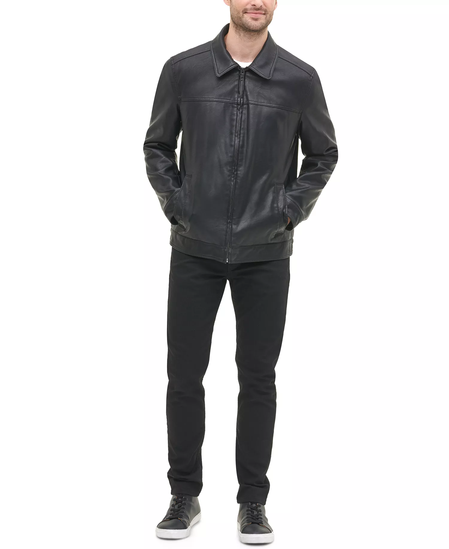 Men's Faux Leather Laydown Collar Jacket - Black - L