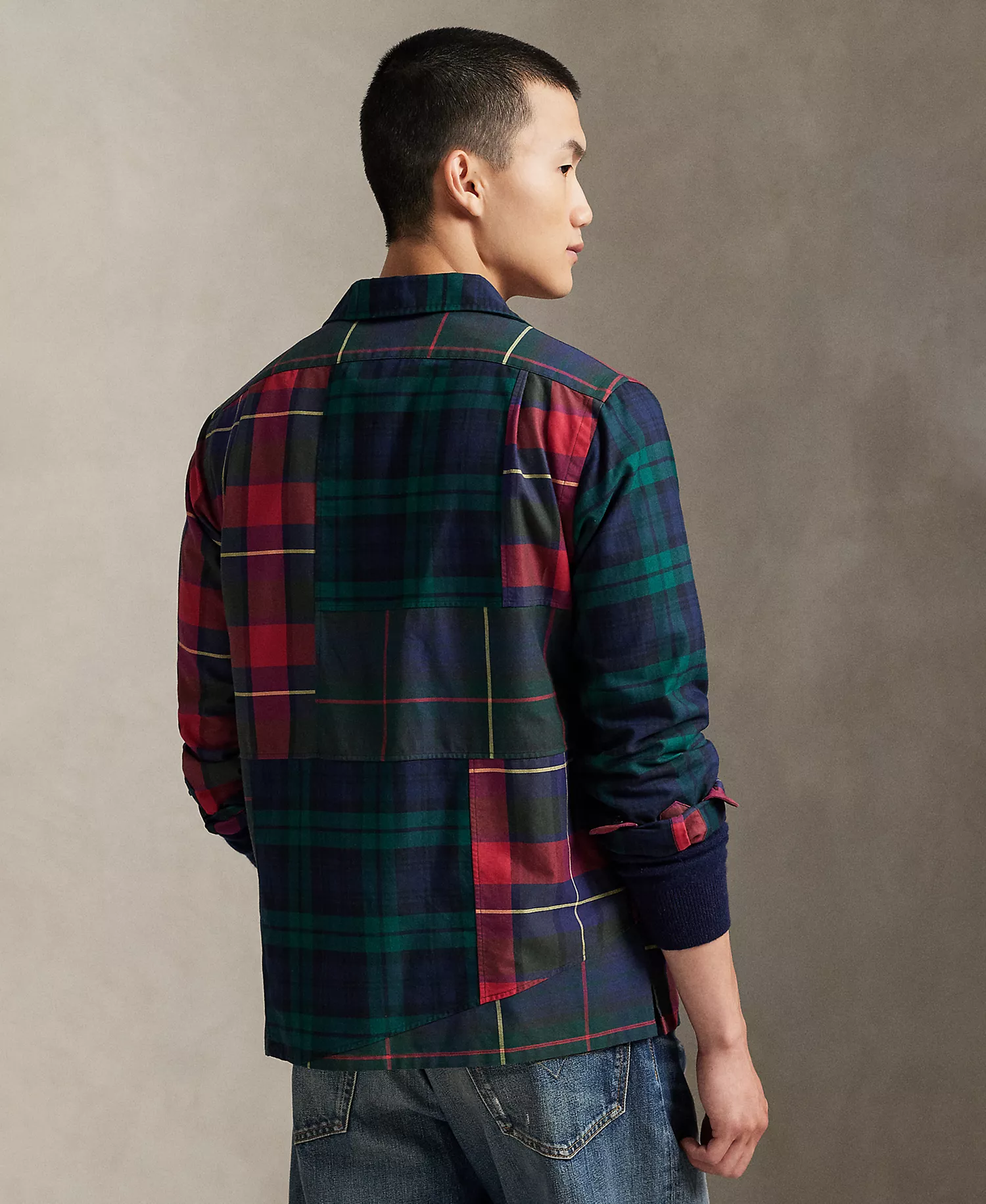 Men's Patchwork Oxford Camp Shirt - Tartan Pieced Shirt - XS