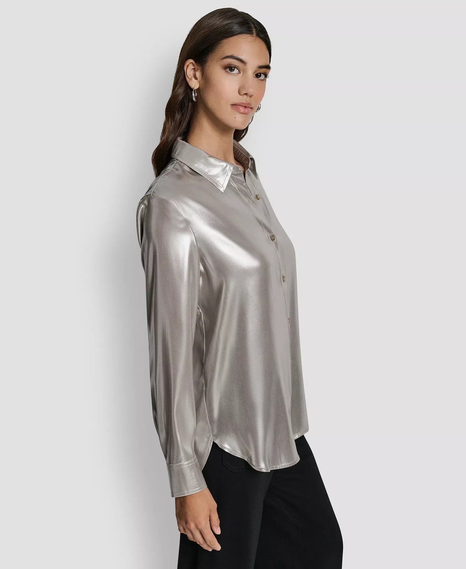Women's Button Front Long-Sleeve Blouse - Metallic Zinc - L