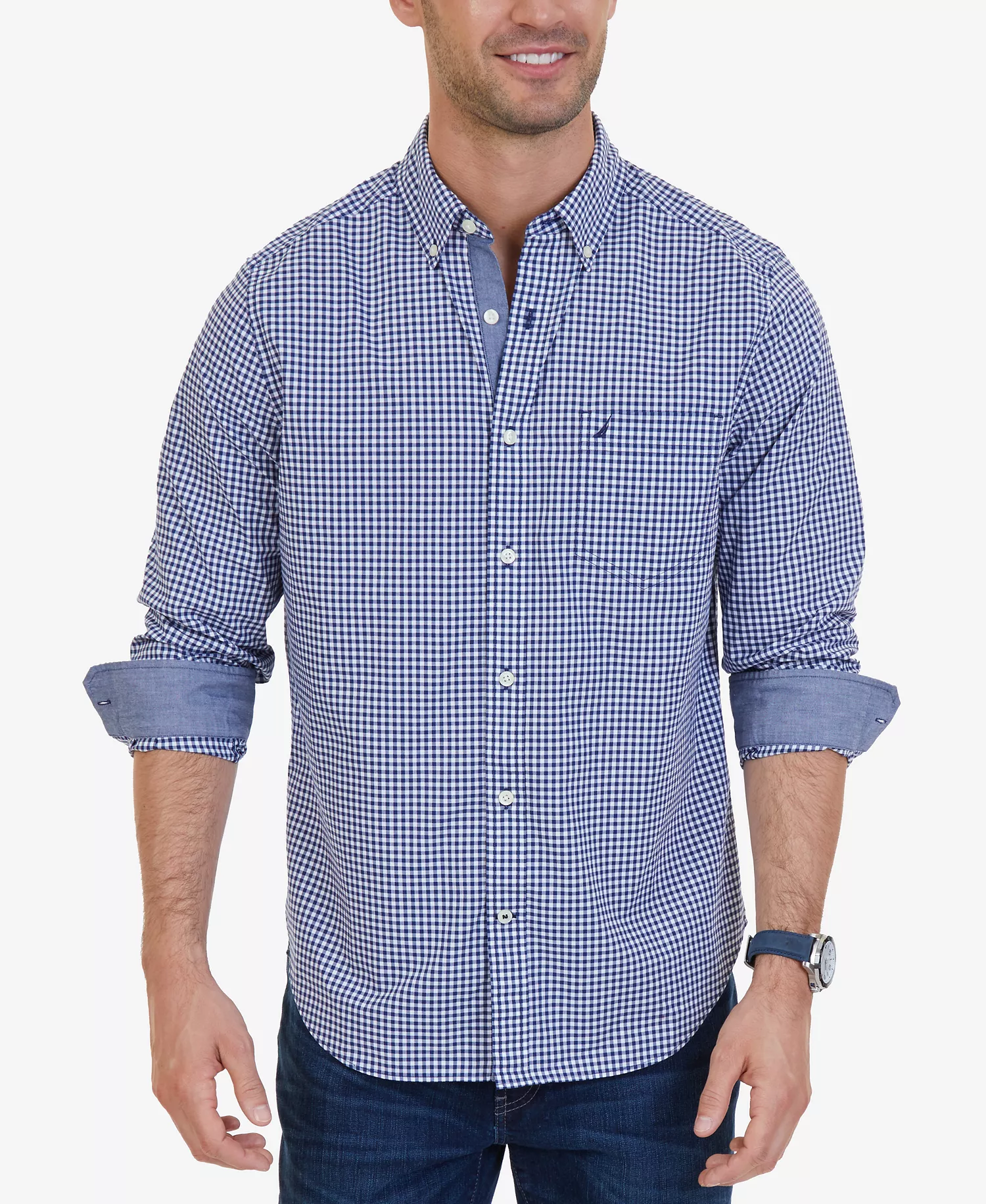 Men's Classic-Fit Long-Sleeve Gingham Check Poplin Shirt - Navy - S