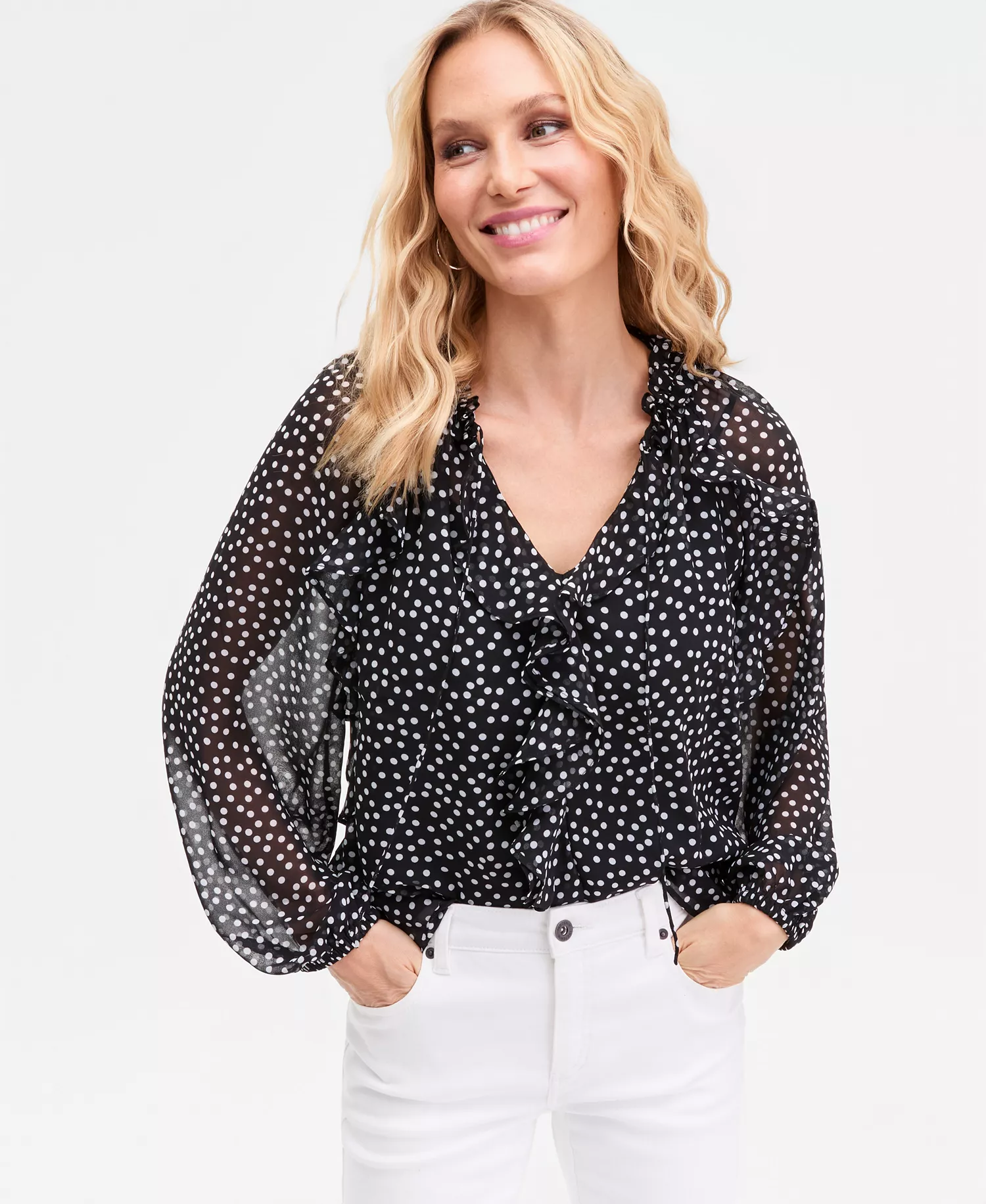 Women's Ruffle-Trim V-Neck Blouse, Macy's Exclusive - Lilia Dots - L