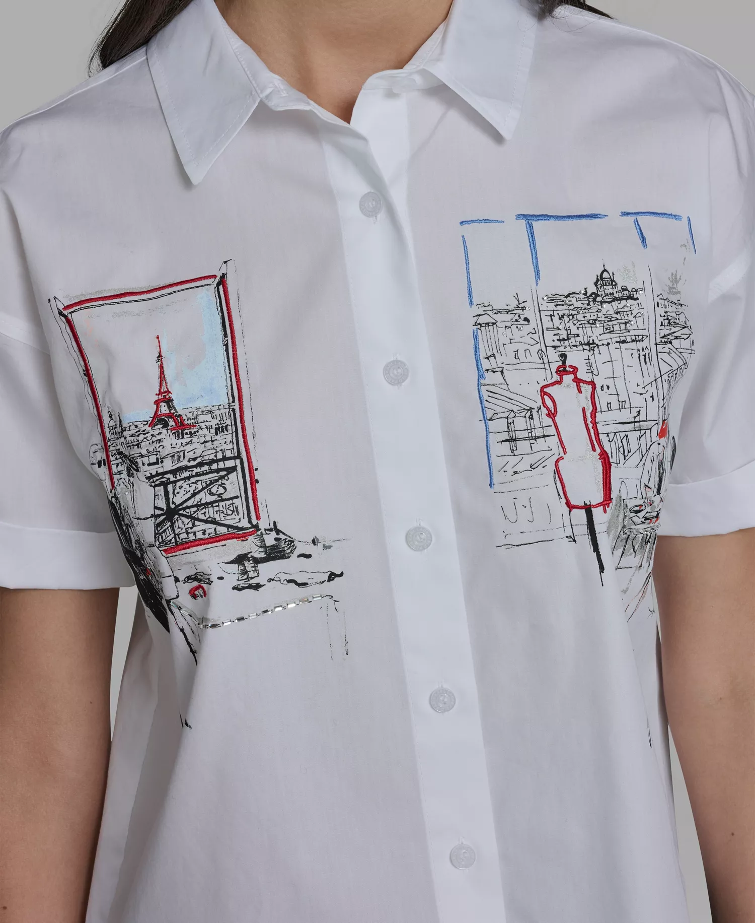 Women's Cropped City Scene Collared Top - White - L