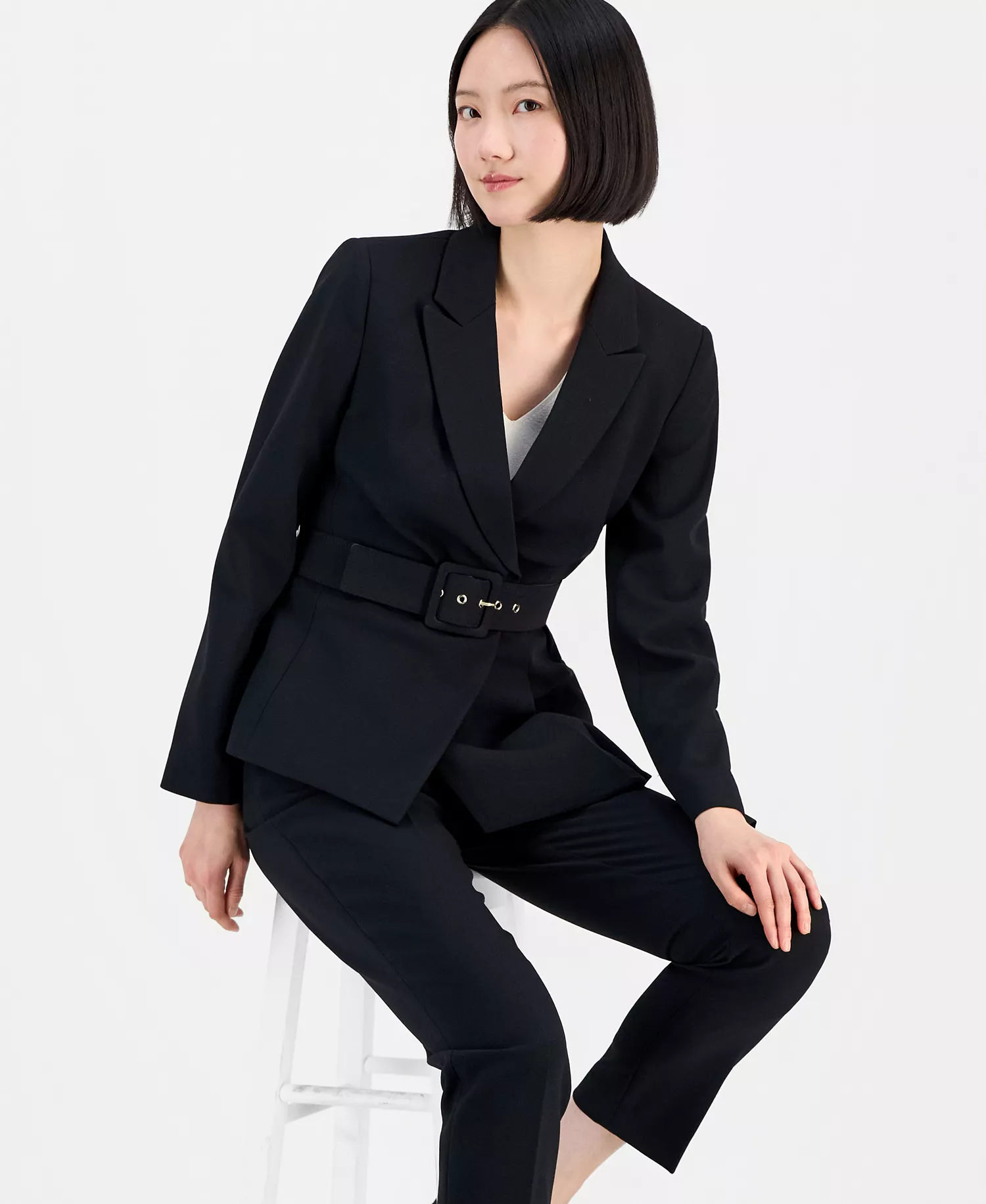 Women's Belted Asymmetrical Jacket & Slim-Fit Pantsuit Set - Black - 10