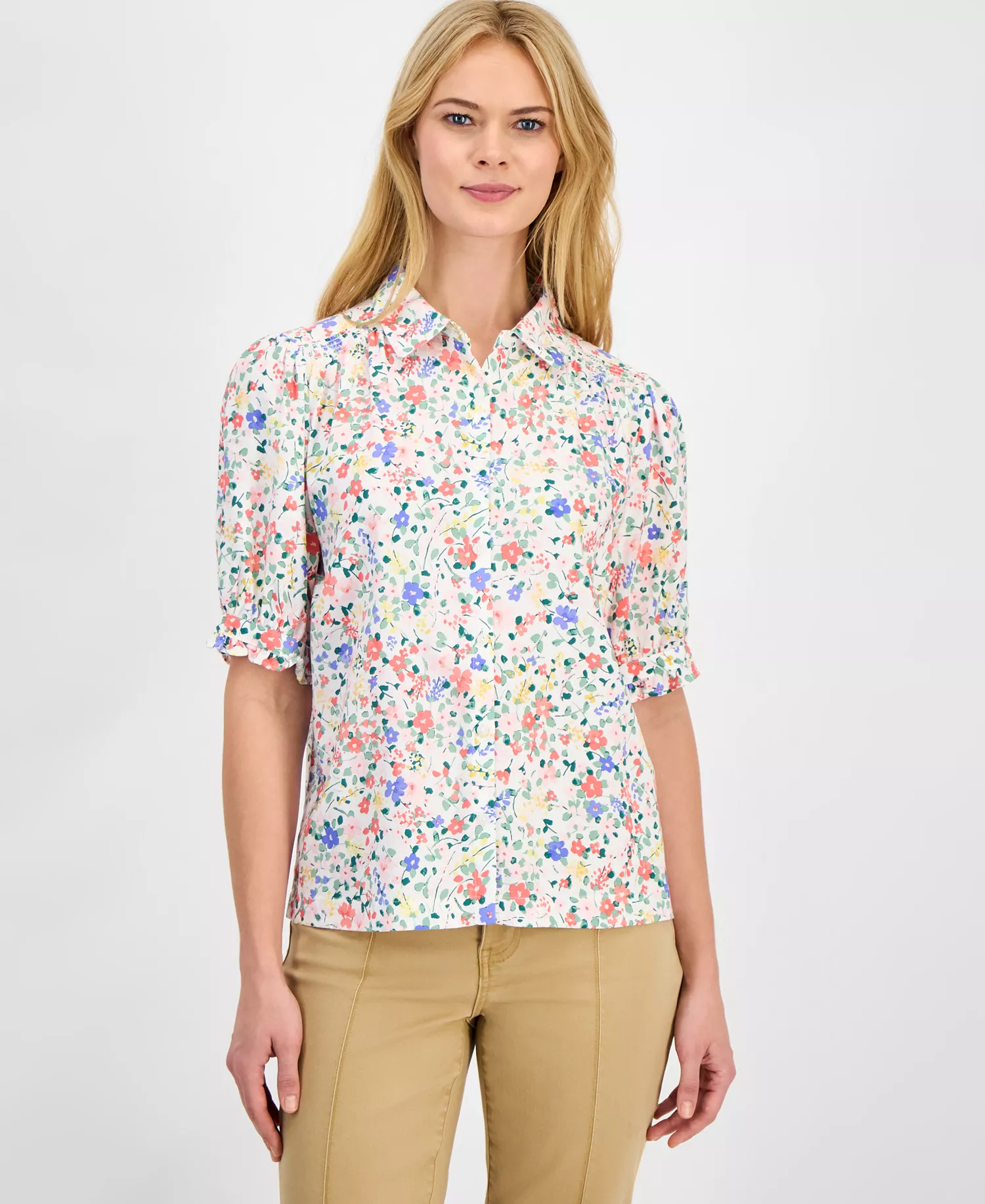 Women's Belagio Floral Short-Sleeve Smocked Blouse - Ivory Multi - L