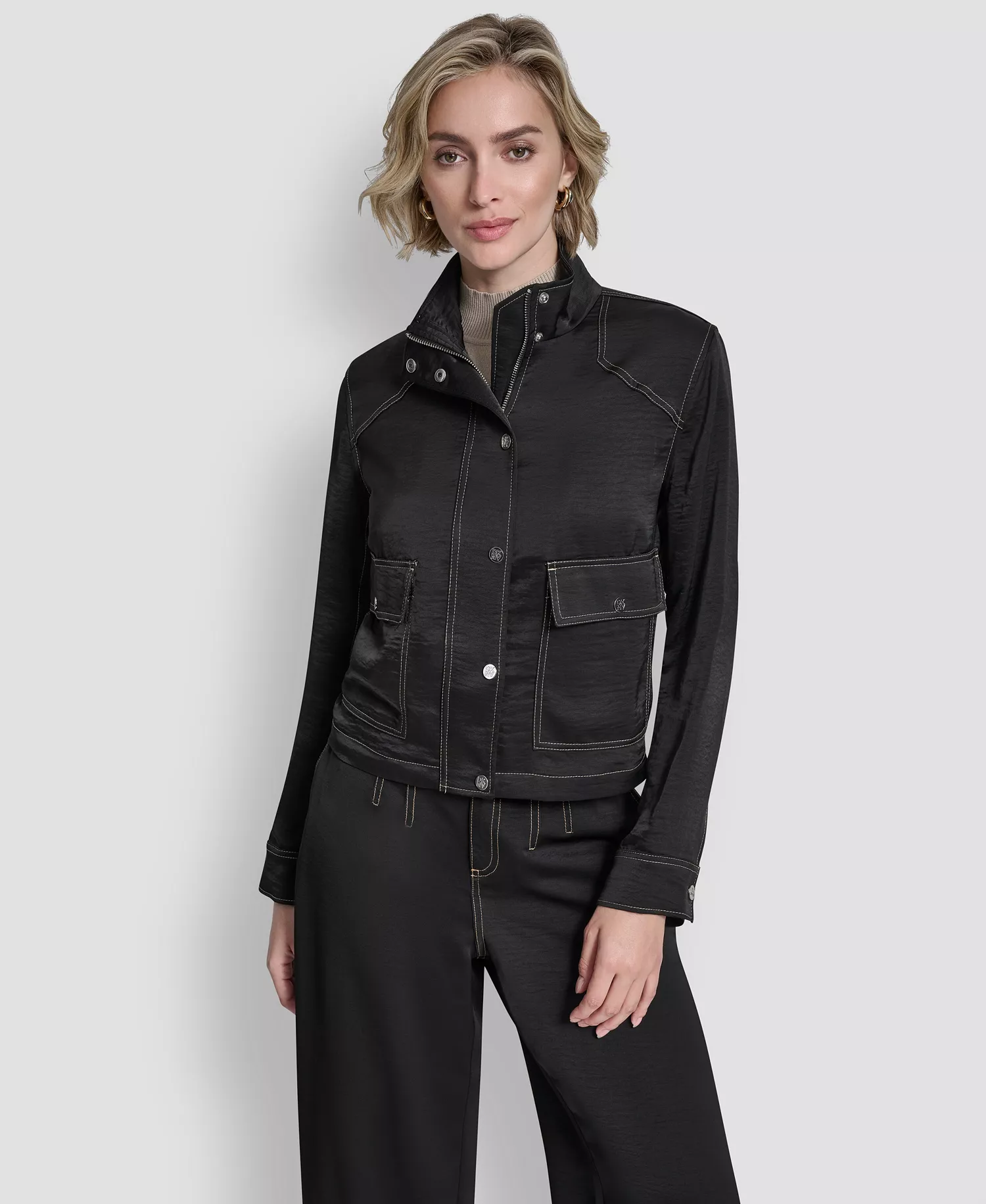 Women's Top Stitch Glazed High Mock Neck Dressing Jacket, Glazed Dressing Trousers and Long-Sleeve Exposed Seam Mesh Top with Sleeveless Camisole - Black - L