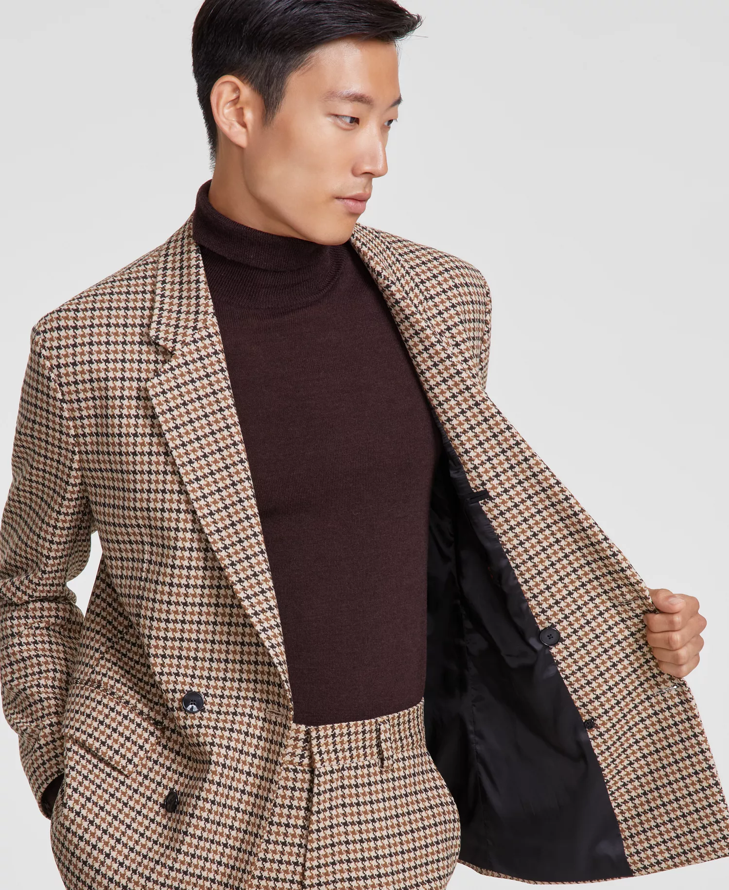 Men's Modern-Fit Houndstooth Double-Breasted Suit Jacket - Dark Brown - 40S