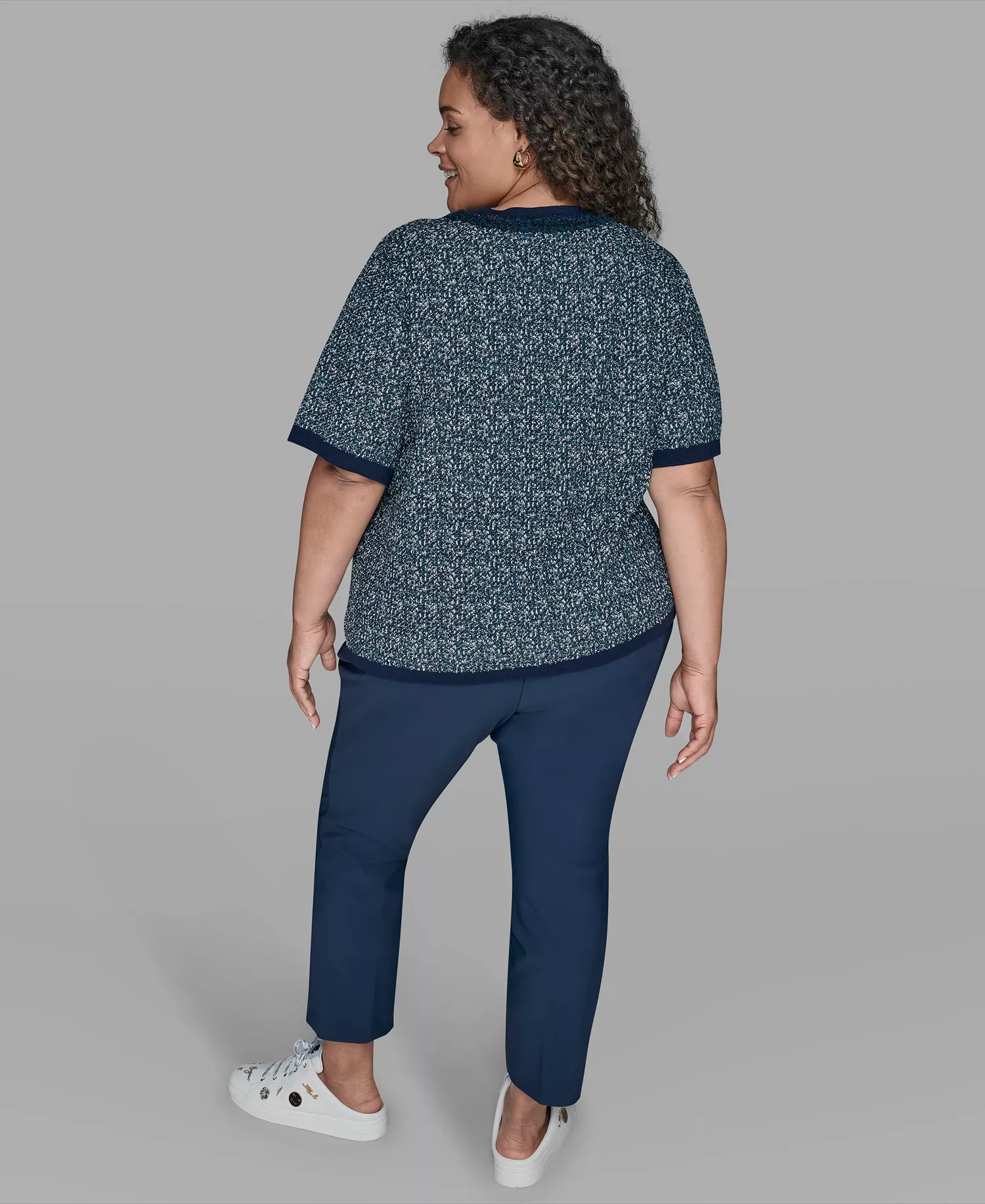 KARL LAGERFIELD PARIS Plus Size Short Sleeve Crew Sweater - Blue Soft White - 0X