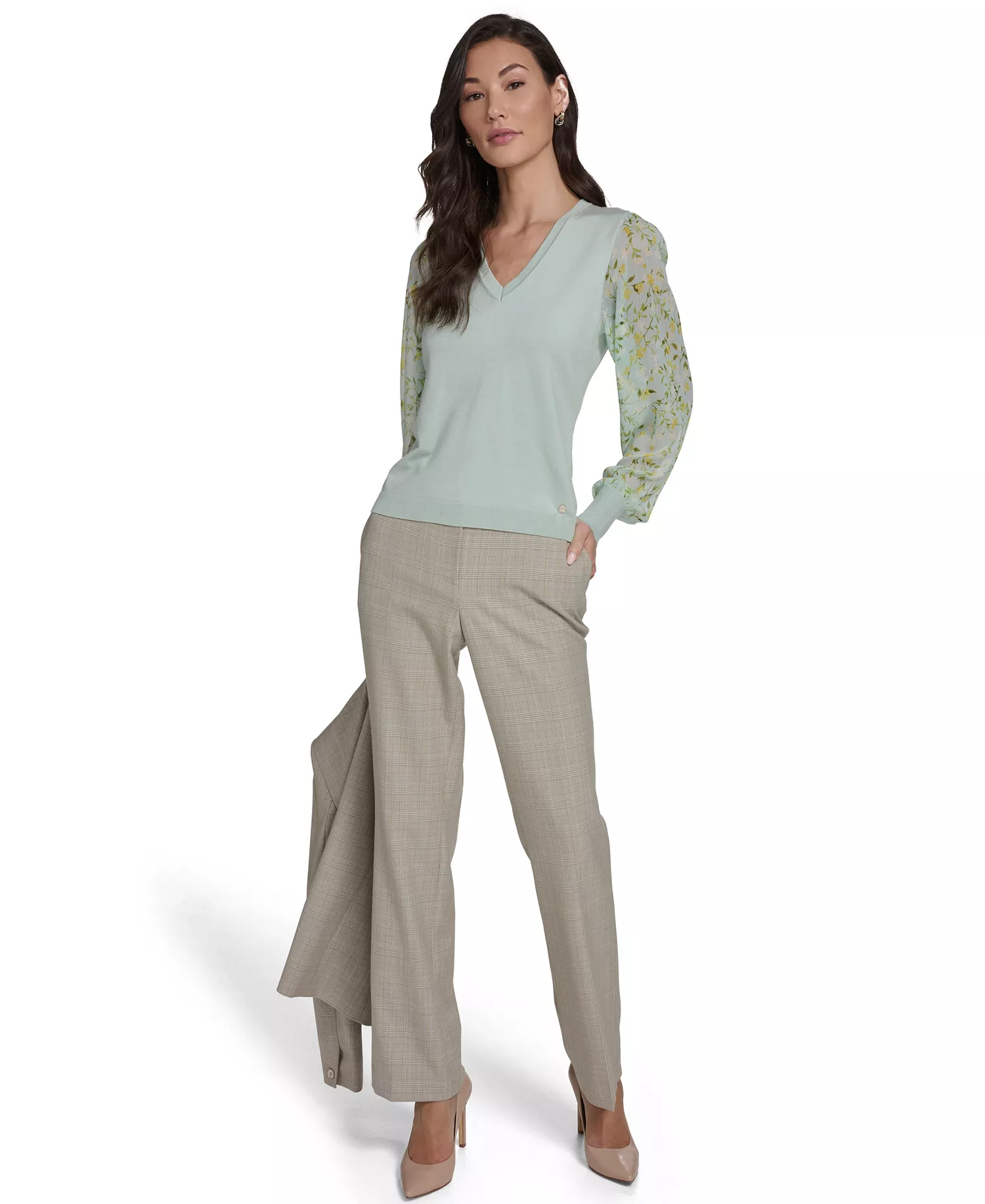 Women's Mixed Media V-Neck Sweater - Harbor Gray Multi - L