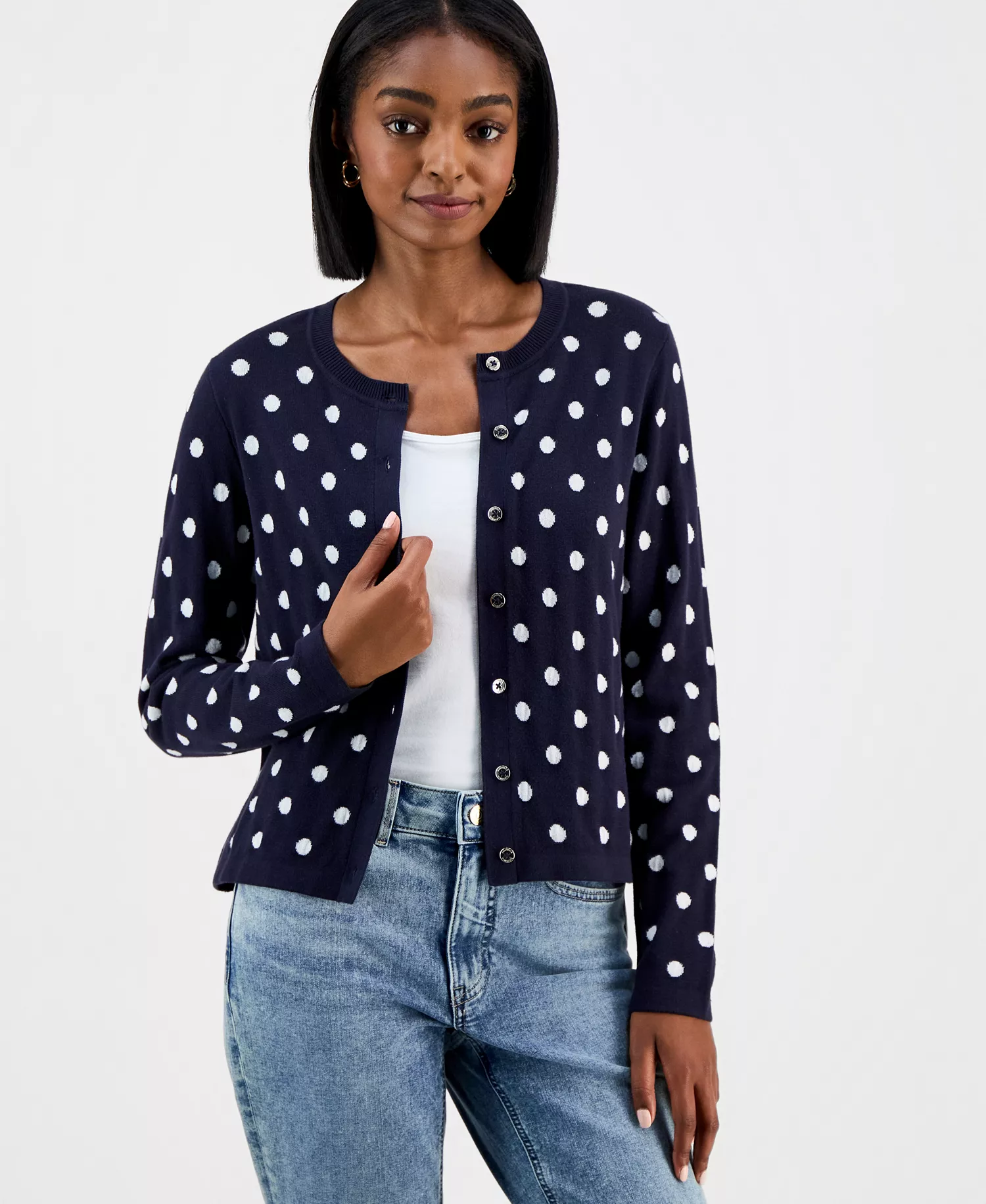 Nautica Women's Dot-Print Button-Front Cotton Cardigan  - Night Sky/ Ivory - L